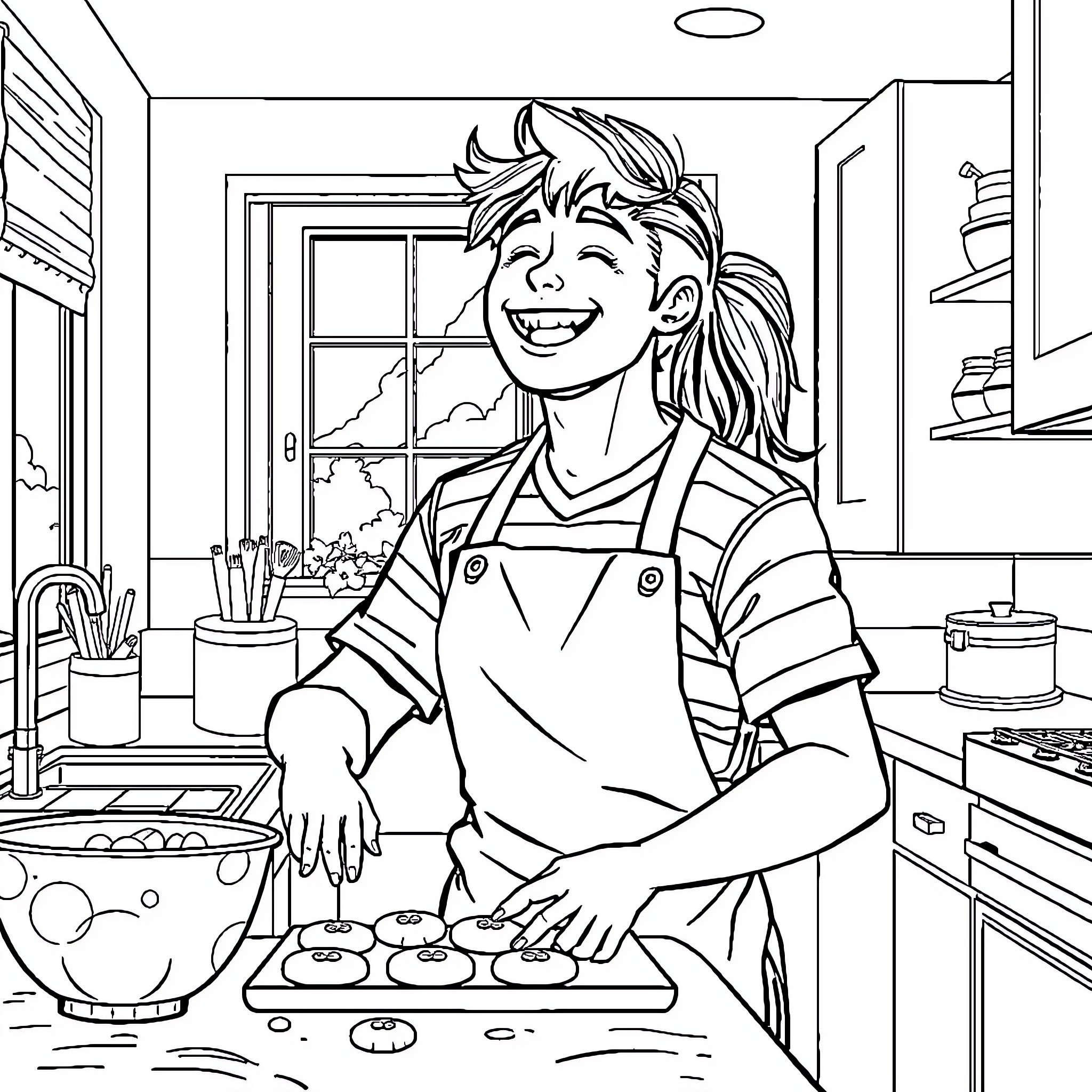 Rugby Player Baking Pastries in the Kitchen Coloring Page (free black-and-white line drawing printable PDF for all, from beginners to advanced learners, including children, teens, adults, and seniors)