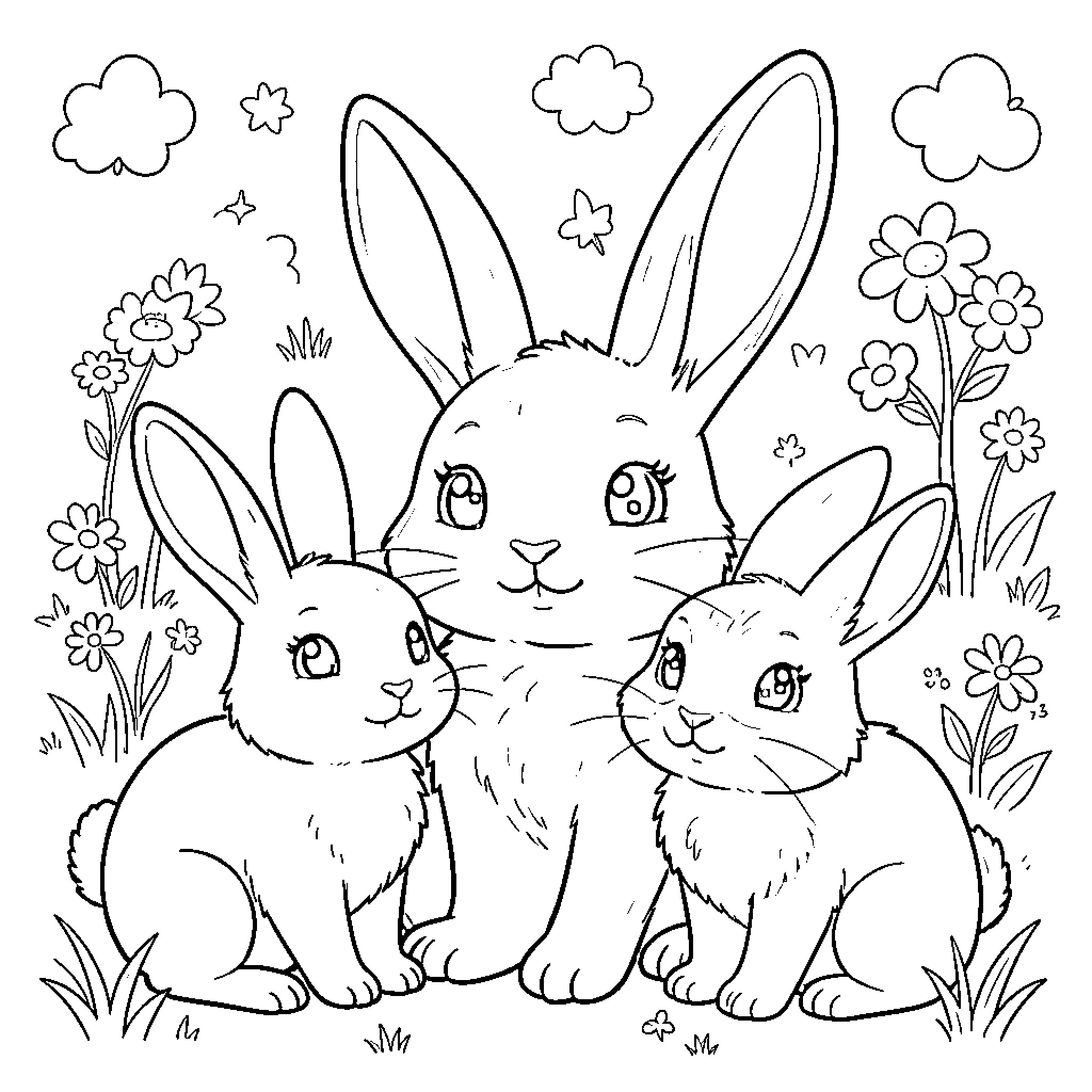 Rabbit trio in a floral meadow Coloring Page (free black-and-white line drawing printable PDF for all, from beginners to advanced learners, including children, teens, adults, and seniors)