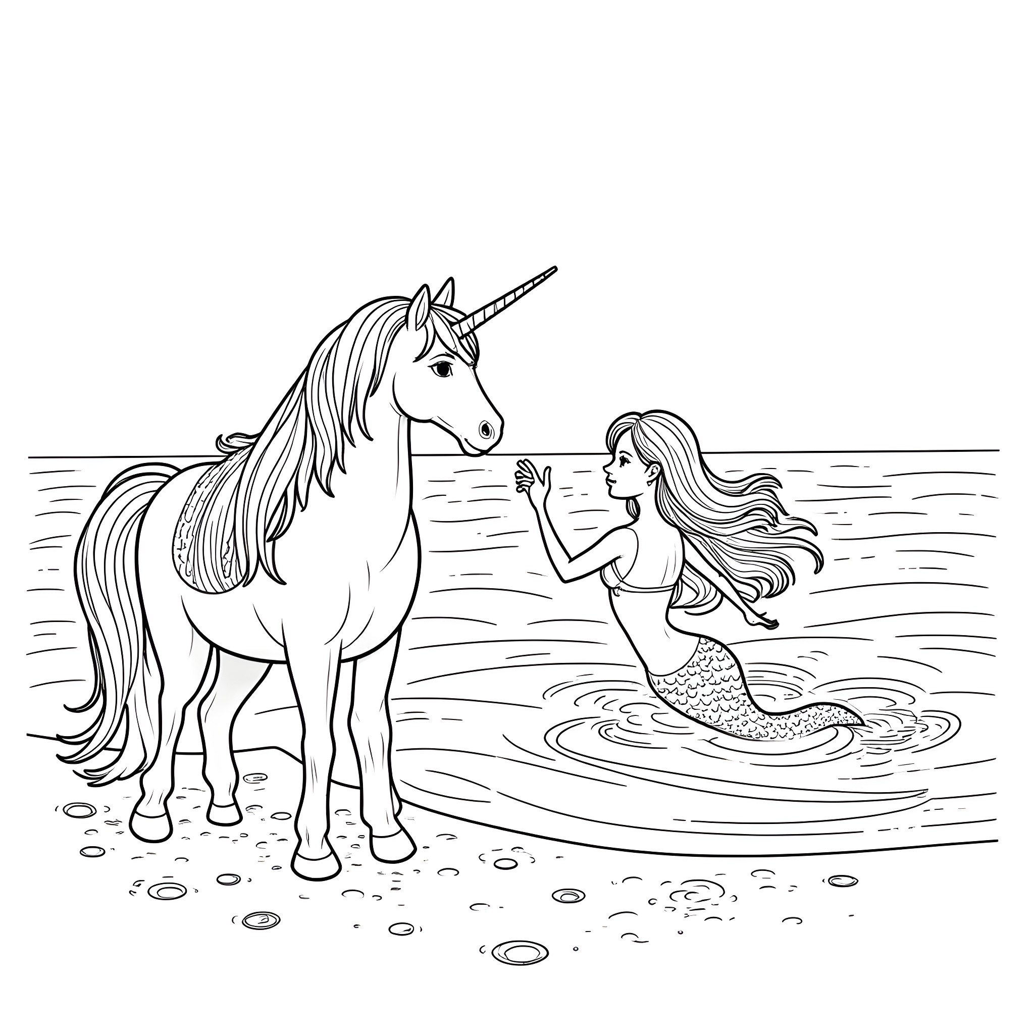 Mermaid Encounters Magical Unicorn by the Sea Coloring Page (free black-and-white line drawing printable PDF for all, from beginners to advanced learners, including children, teens, adults, and seniors)