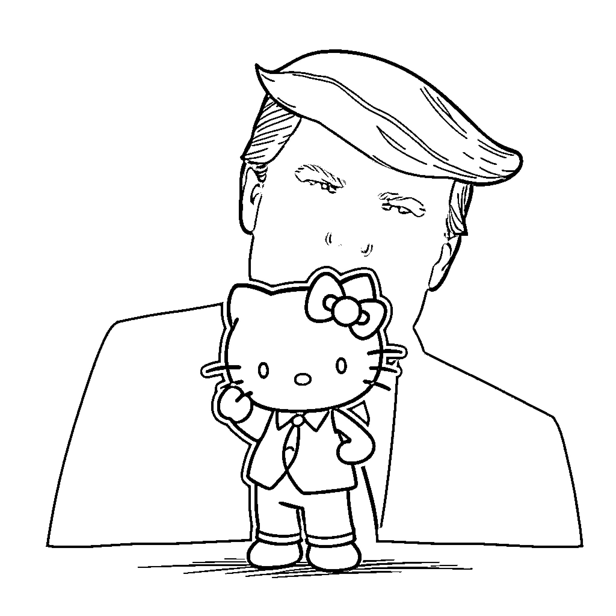 Hello Kitty dressed as a businessman Coloring Page (free black-and-white line drawing printable PDF for all, from beginners to advanced learners, including children, teens, adults, and seniors)