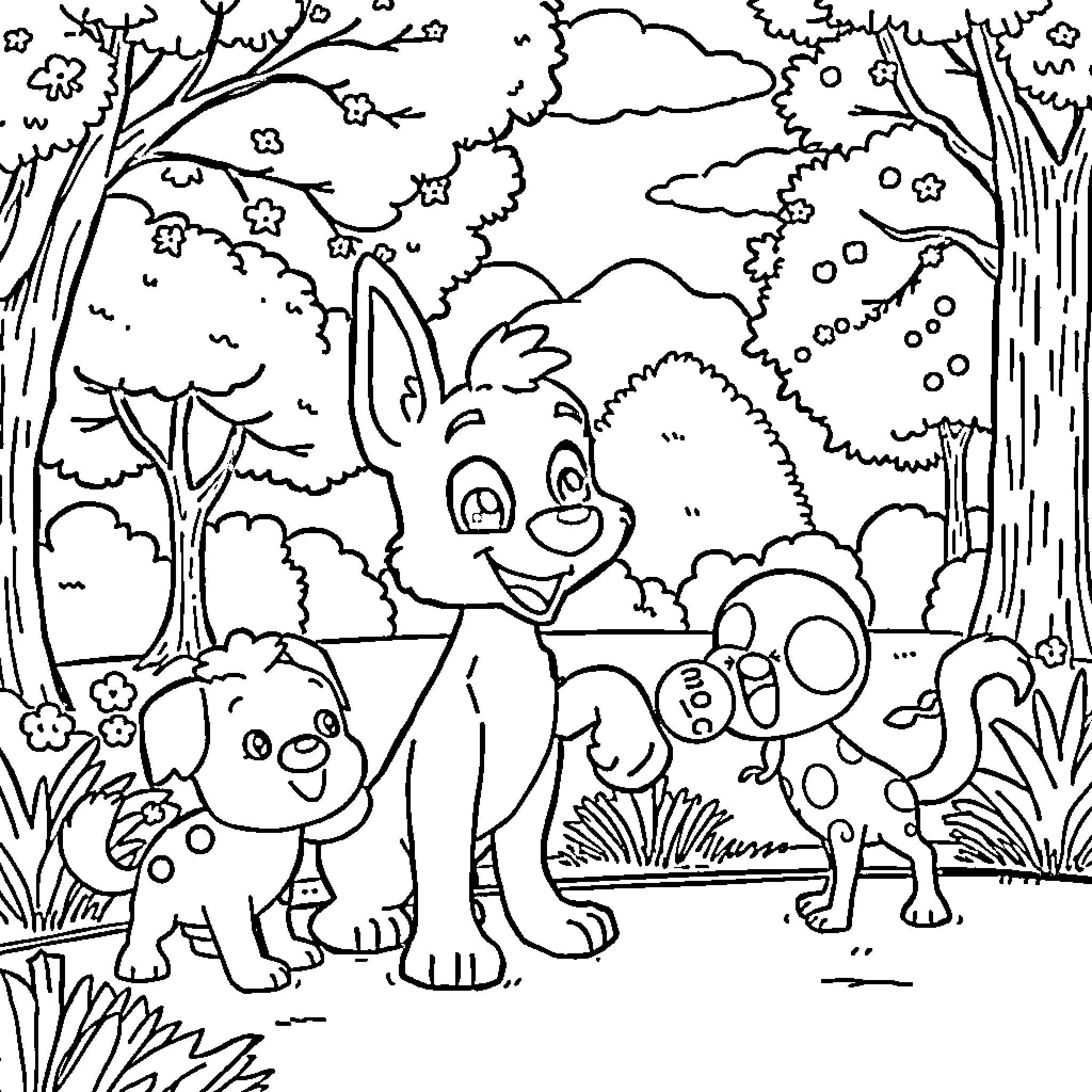 Bluey and Friends Explore the Enchanted Forest Coloring Page (free black-and-white line drawing printable PDF for all, from beginners to advanced learners, including children, teens, adults, and seniors)