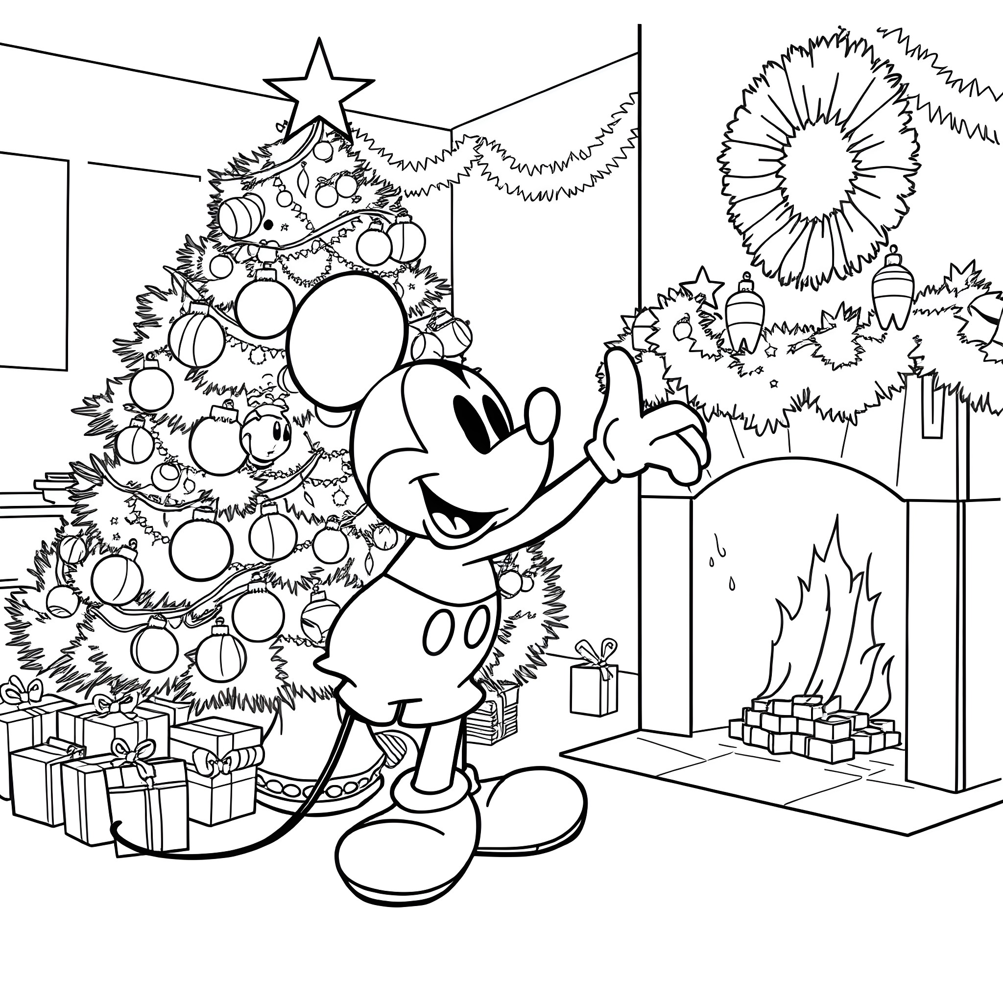 Mickey Mouse decorating Christmas tree with gifts Coloring Page (free black-and-white line drawing printable PDF for all, from beginners to advanced learners, including children, teens, adults, and seniors)