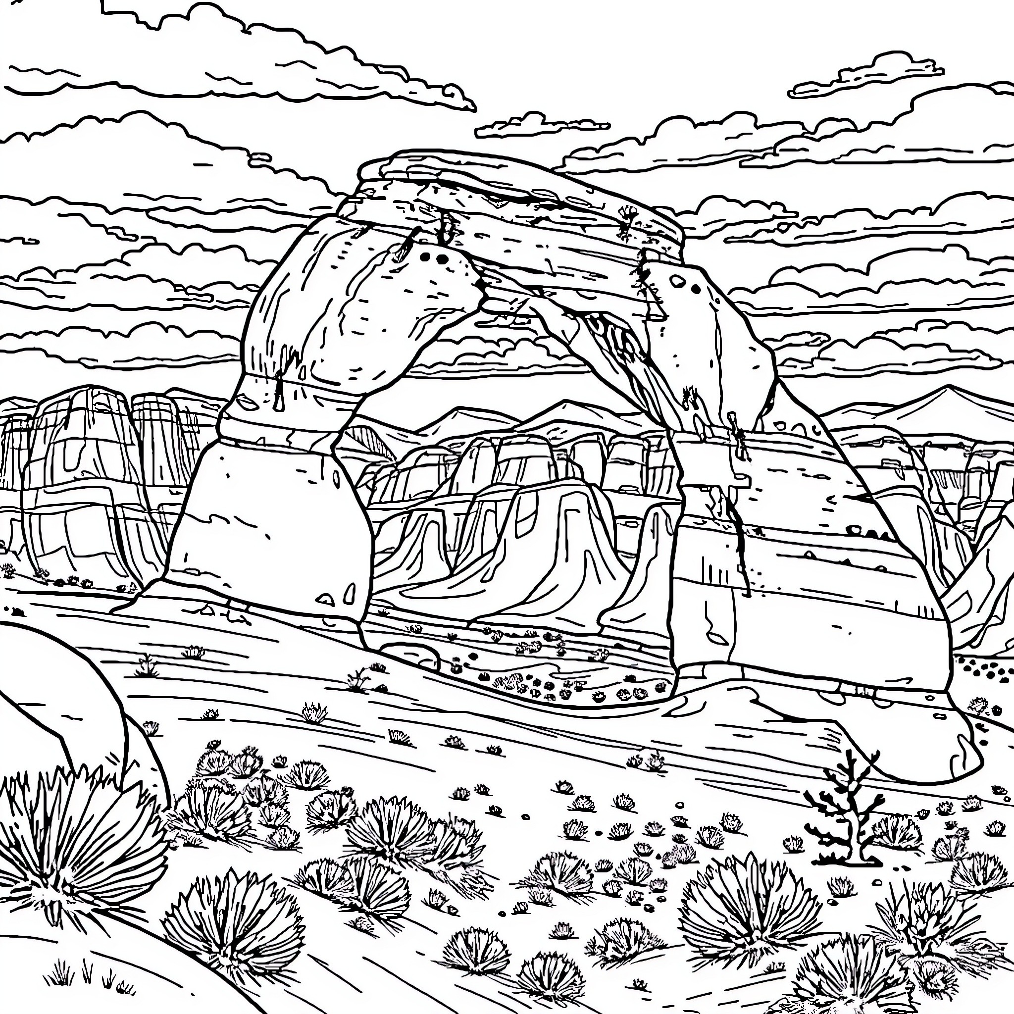 Arch formation in dramatic desert landscape Coloring Page (free black-and-white line drawing printable PDF for all, from beginners to advanced learners, including children, teens, adults, and seniors)