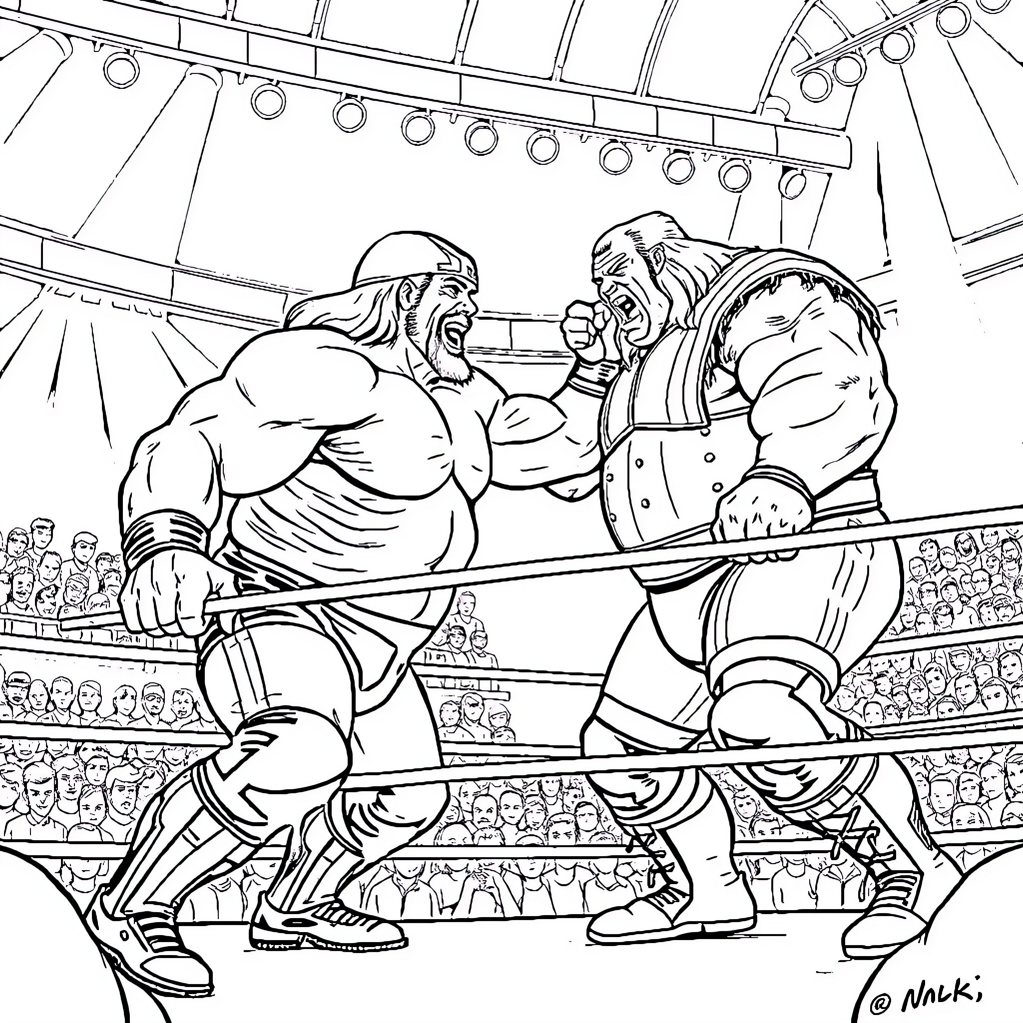 Wrestler Engaging in Intense Match in the Ring Coloring Page (free black-and-white line drawing printable PDF for all, from beginners to advanced learners, including children, teens, adults, and seniors)