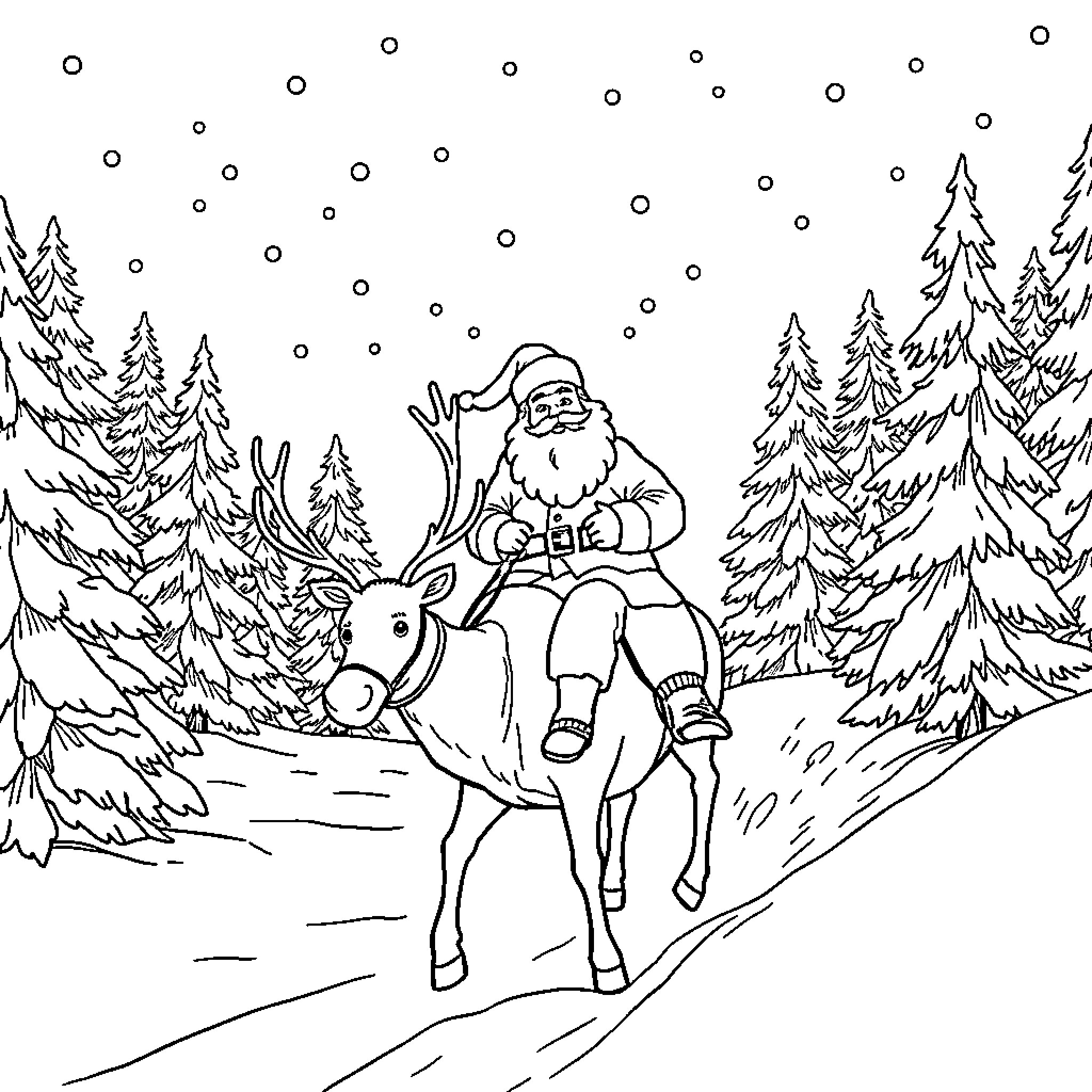 Santa riding reindeer through snowy forest Coloring Page (free black-and-white line drawing printable PDF for all, from beginners to advanced learners, including children, teens, adults, and seniors)