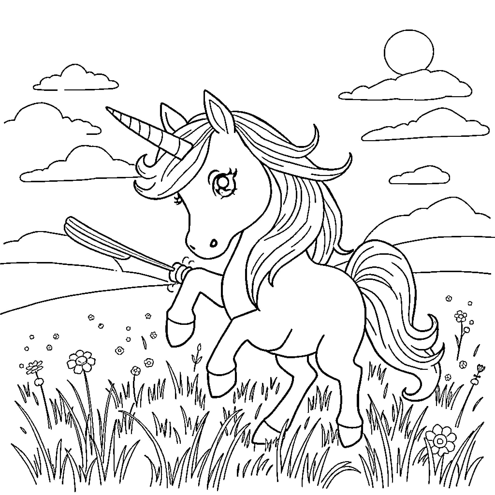Unicorn playing in a meadow Coloring Page (free black-and-white line drawing printable PDF for all, from beginners to advanced learners, including children, teens, adults, and seniors)