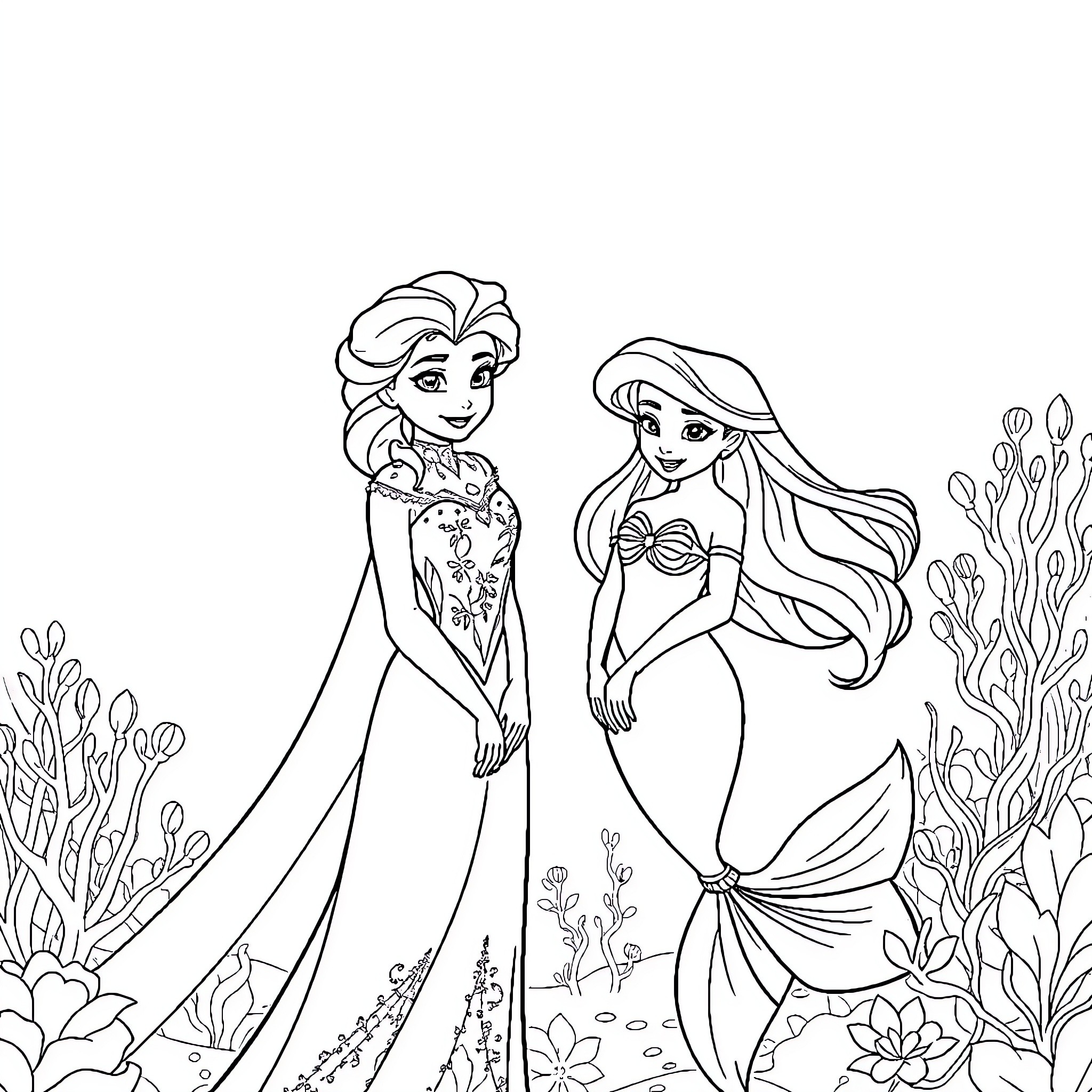 Elsa and Ariel enchanted underwater adventure Coloring Page (free black-and-white line drawing printable PDF for all, from beginners to advanced learners, including children, teens, adults, and seniors)