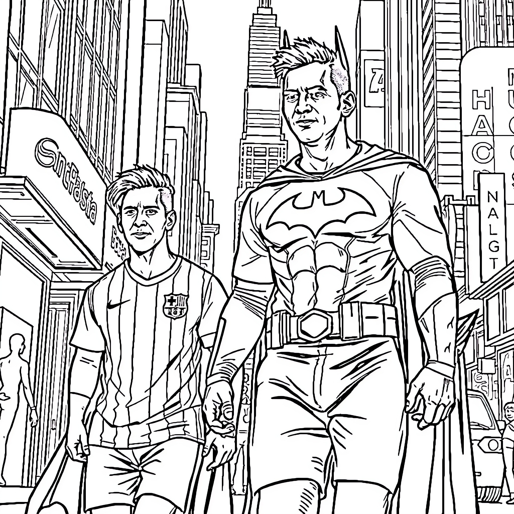 Lionel Messi and Batman in New York City Coloring Page (free black-and-white line drawing printable PDF for all, from beginners to advanced learners, including children, teens, adults, and seniors)