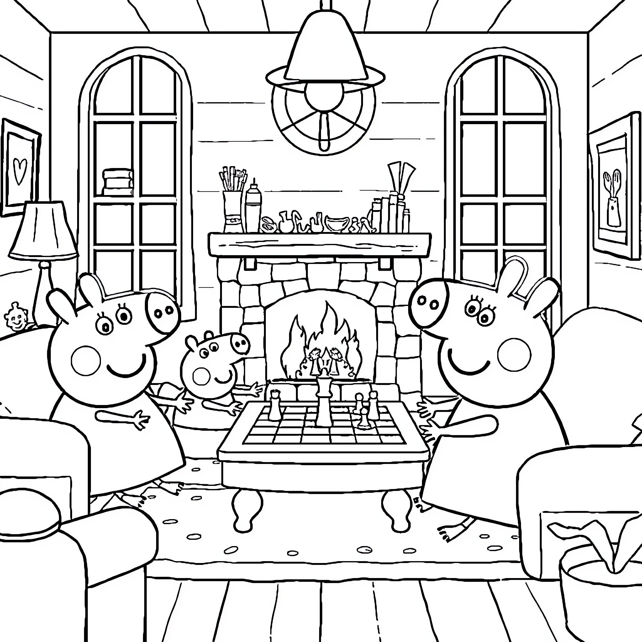 Pepa Pig family having a cozy night at home Coloring Page (free black-and-white line drawing printable PDF for all, from beginners to advanced learners, including children, teens, adults, and seniors)