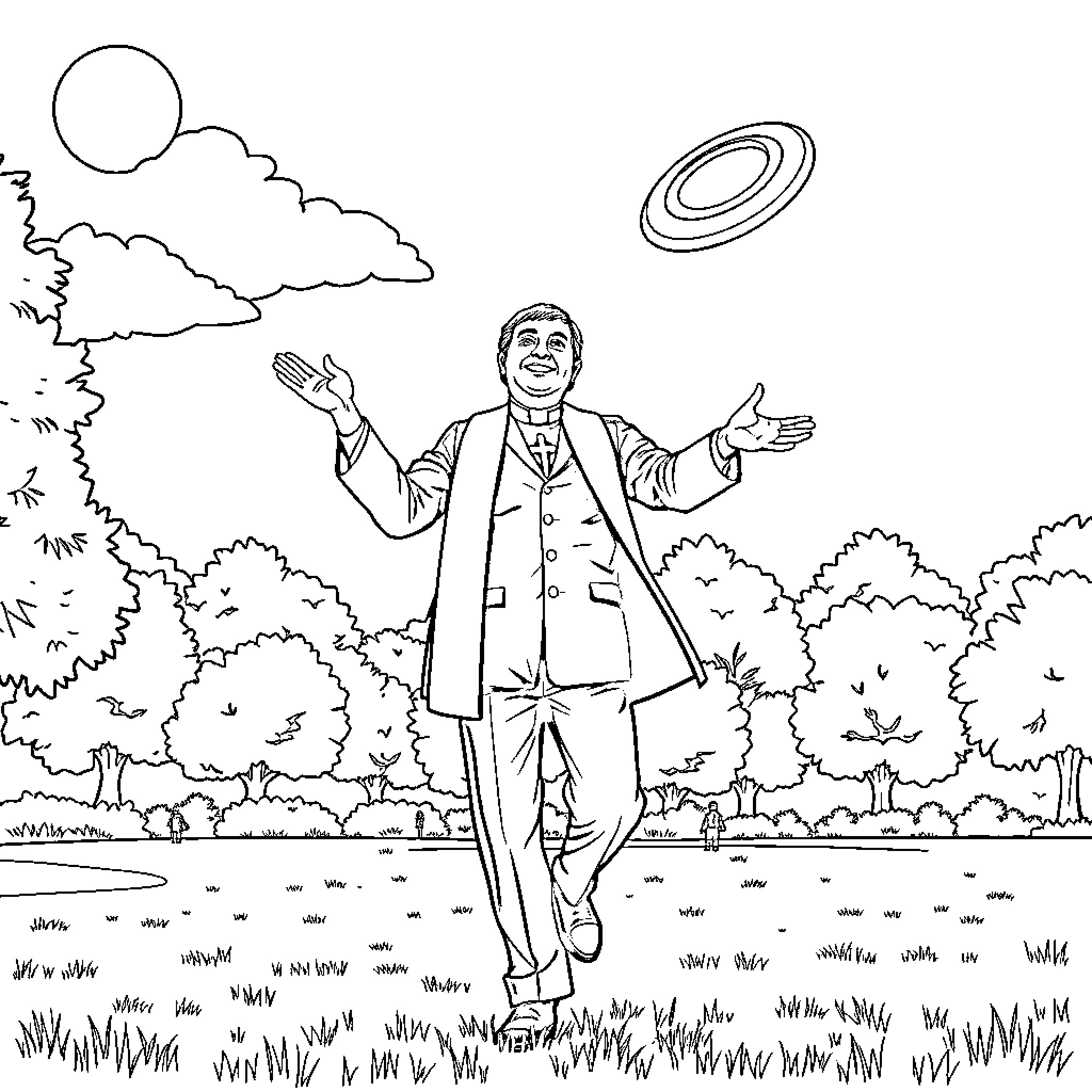 Minister engaged in joyous outdoor activity Coloring Page (free black-and-white line drawing printable PDF for all, from beginners to advanced learners, including children, teens, adults, and seniors)