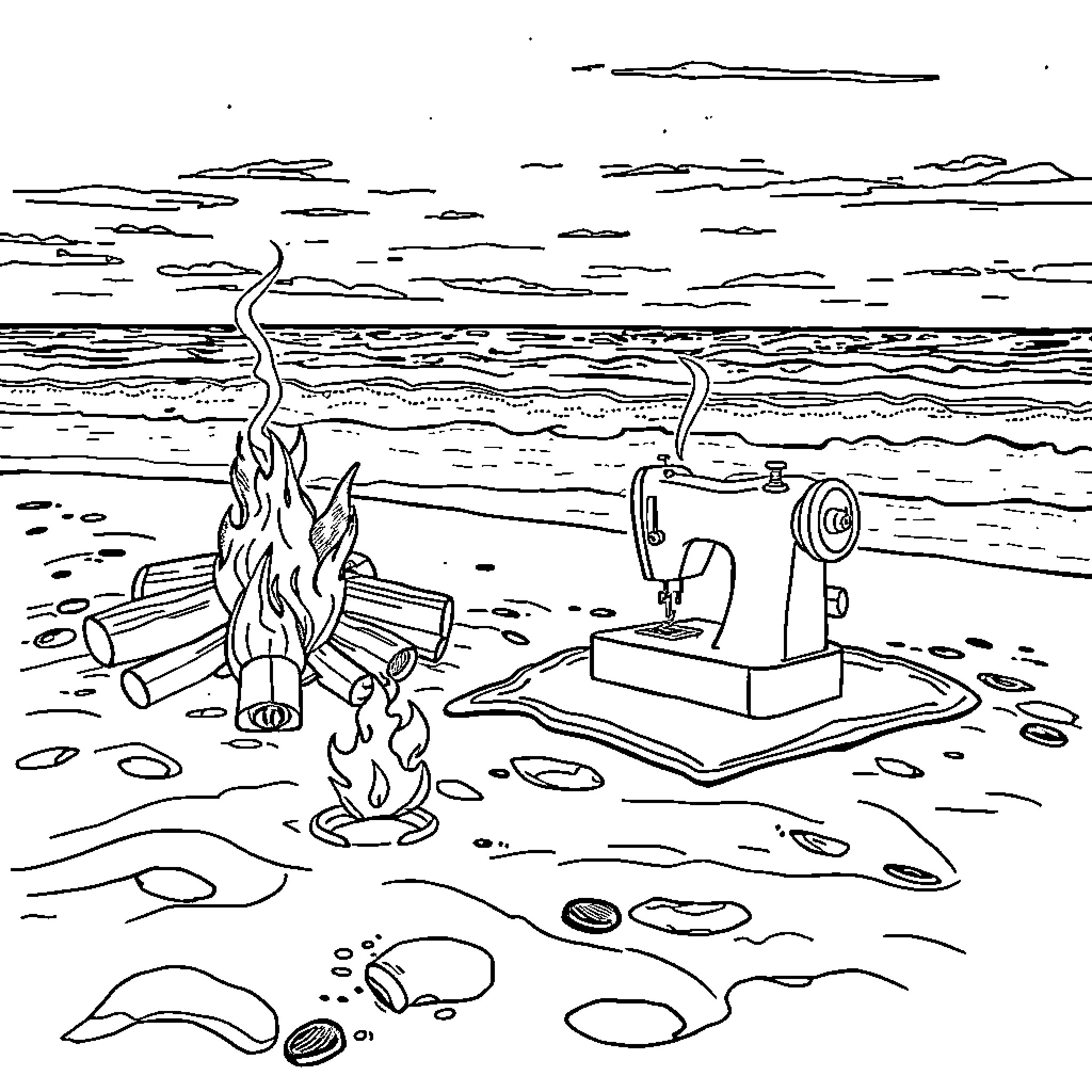 Sewing Machine on the Beach with Campfire Coloring Page (free black-and-white line drawing printable PDF for all, from beginners to advanced learners, including children, teens, adults, and seniors)