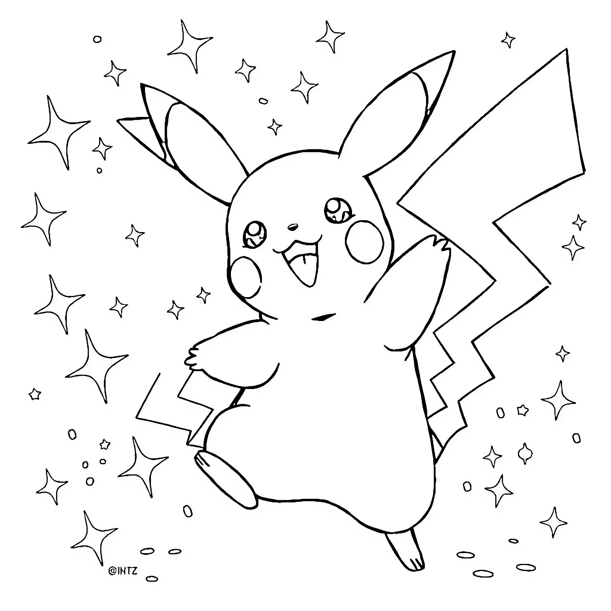 Pikachu dancing among the stars Coloring Page (free black-and-white line drawing printable PDF for all, from beginners to advanced learners, including children, teens, adults, and seniors)