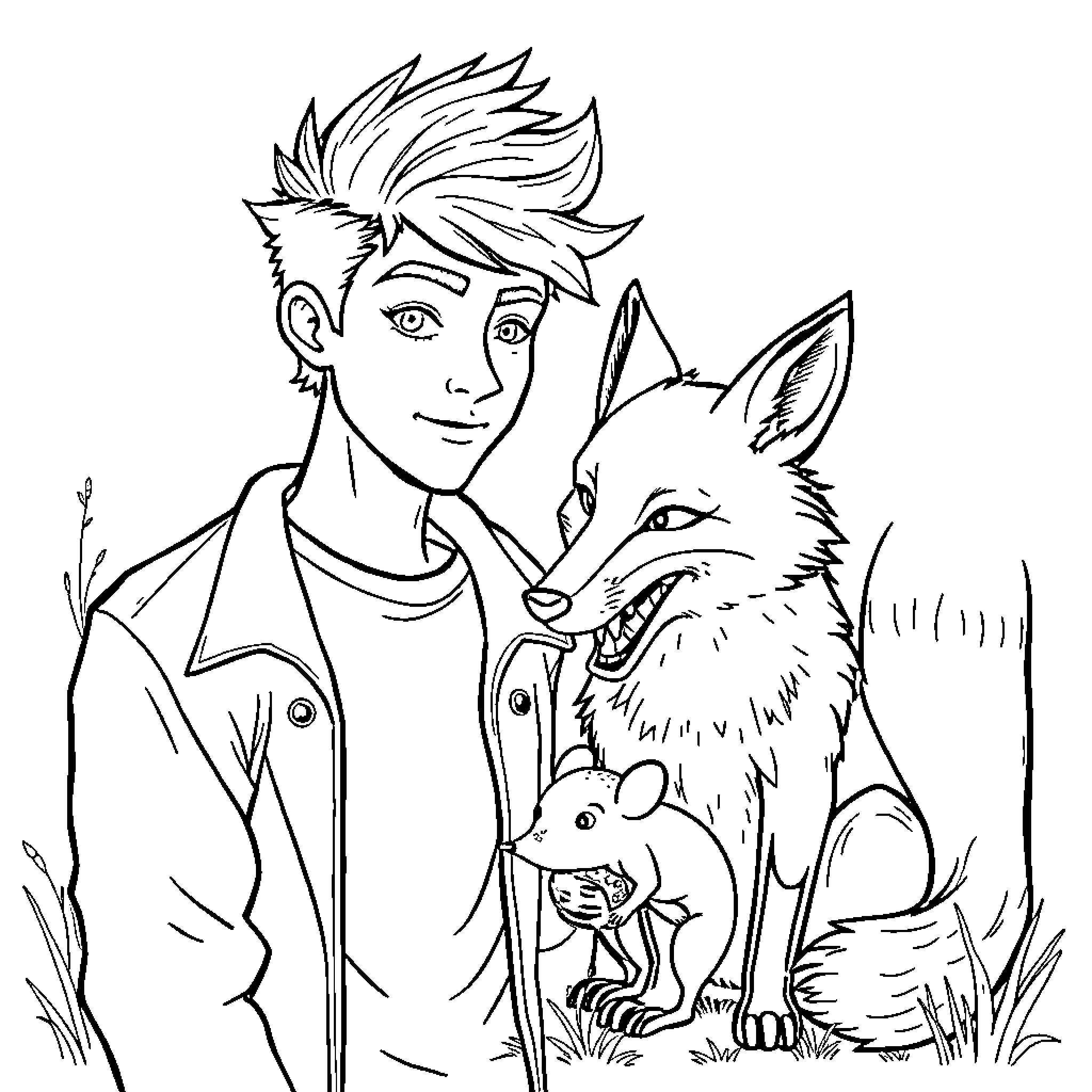Man posing with a friendly wolf in the wilderness Coloring Page (free black-and-white line drawing printable PDF for all, from beginners to advanced learners, including children, teens, adults, and seniors)