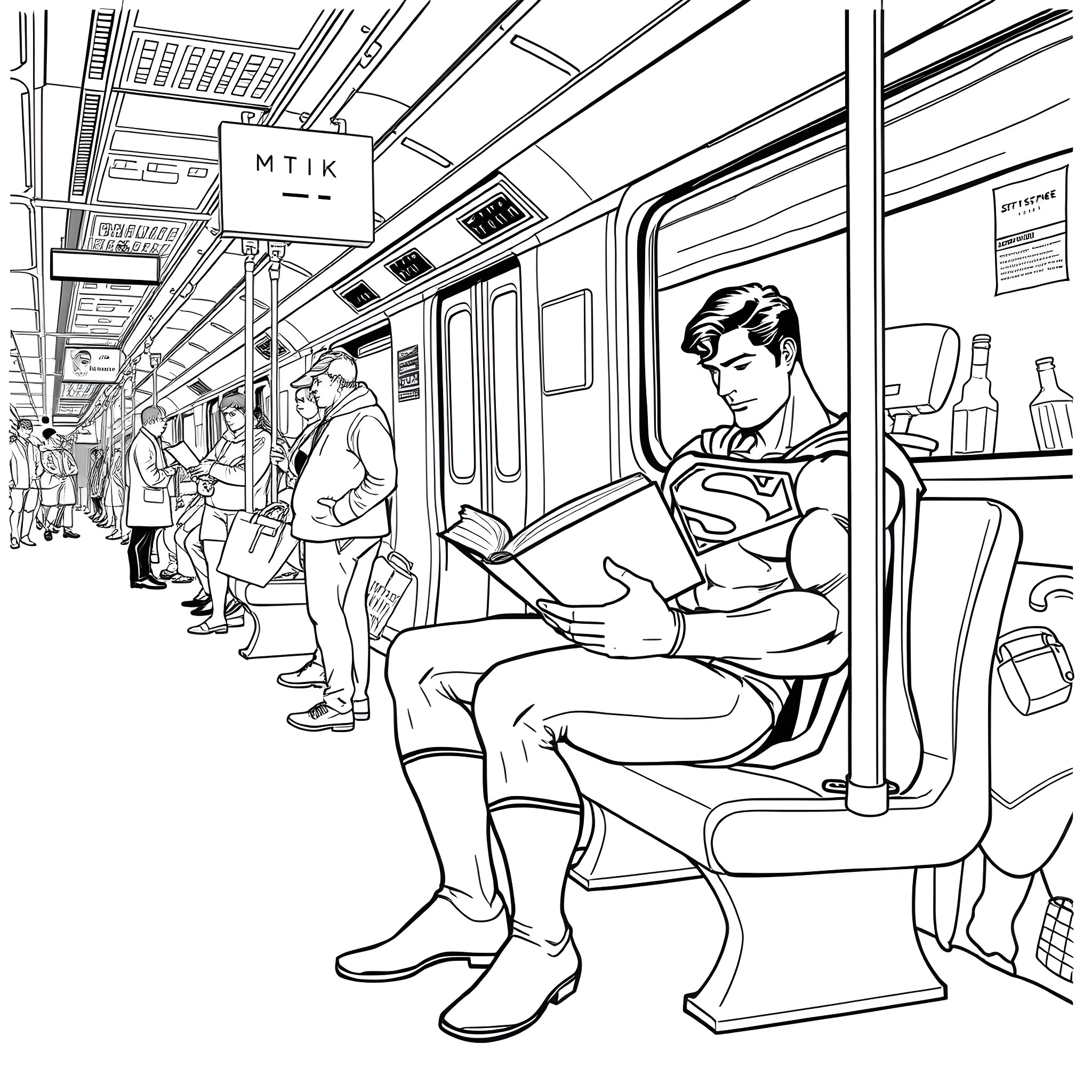 Superman reading a book on the subway Coloring Page (free black-and-white line drawing printable PDF for all, from beginners to advanced learners, including children, teens, adults, and seniors)