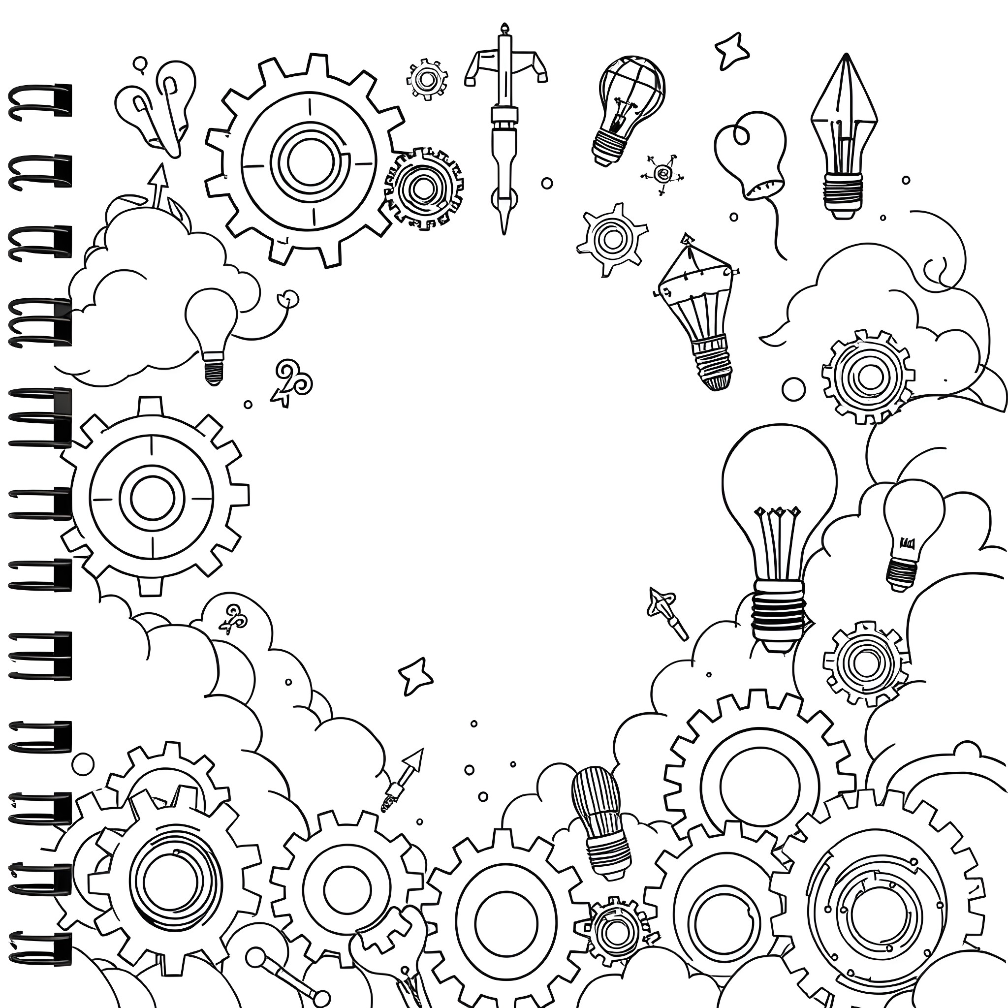 STEAM Journal: Machinery, Gears, and Lightbulbs Coloring Page (free black-and-white line drawing printable PDF for all, from beginners to advanced learners, including children, teens, adults, and seniors)