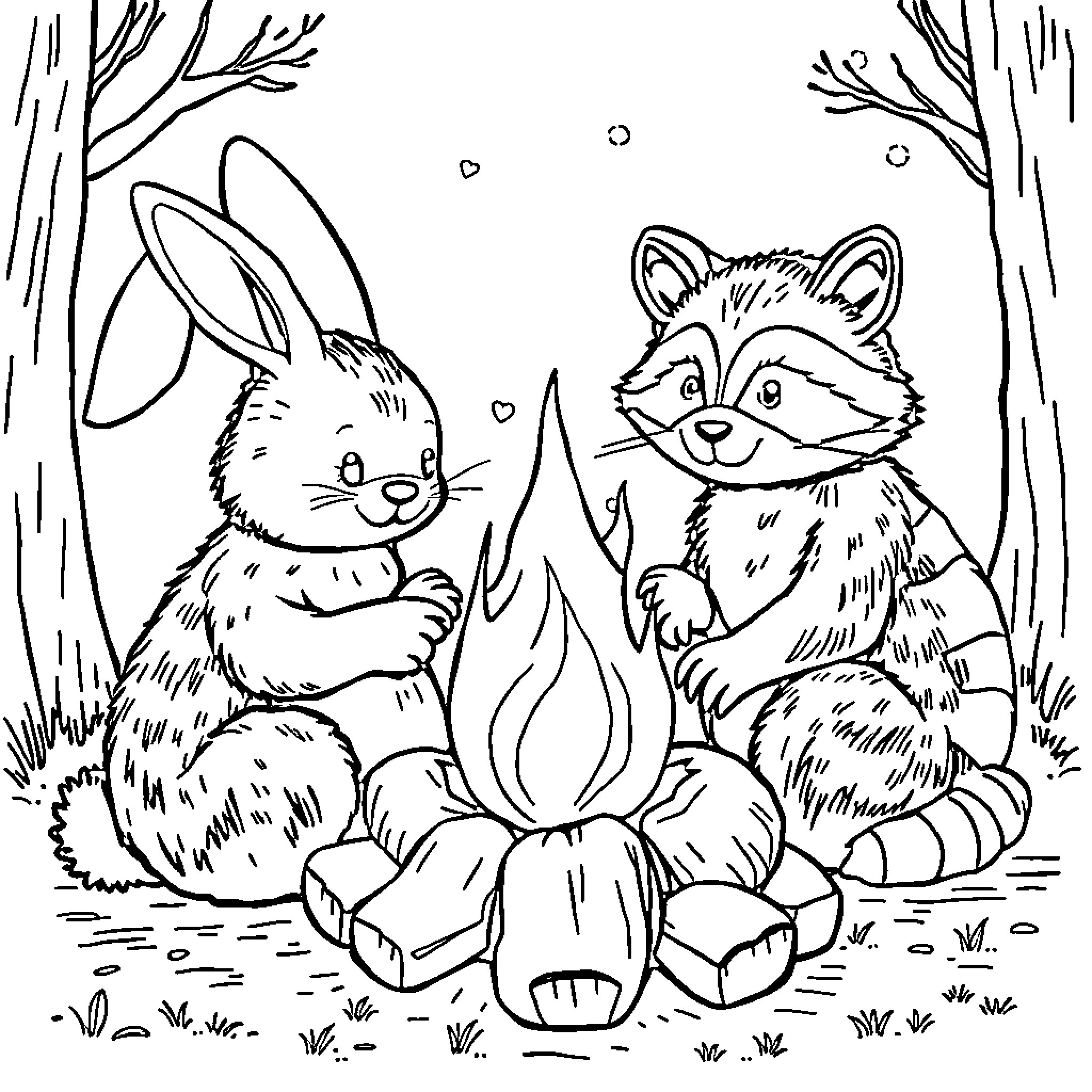 Animal friends gather around a campfire Coloring Page (free black-and-white line drawing printable PDF for all, from beginners to advanced learners, including children, teens, adults, and seniors)