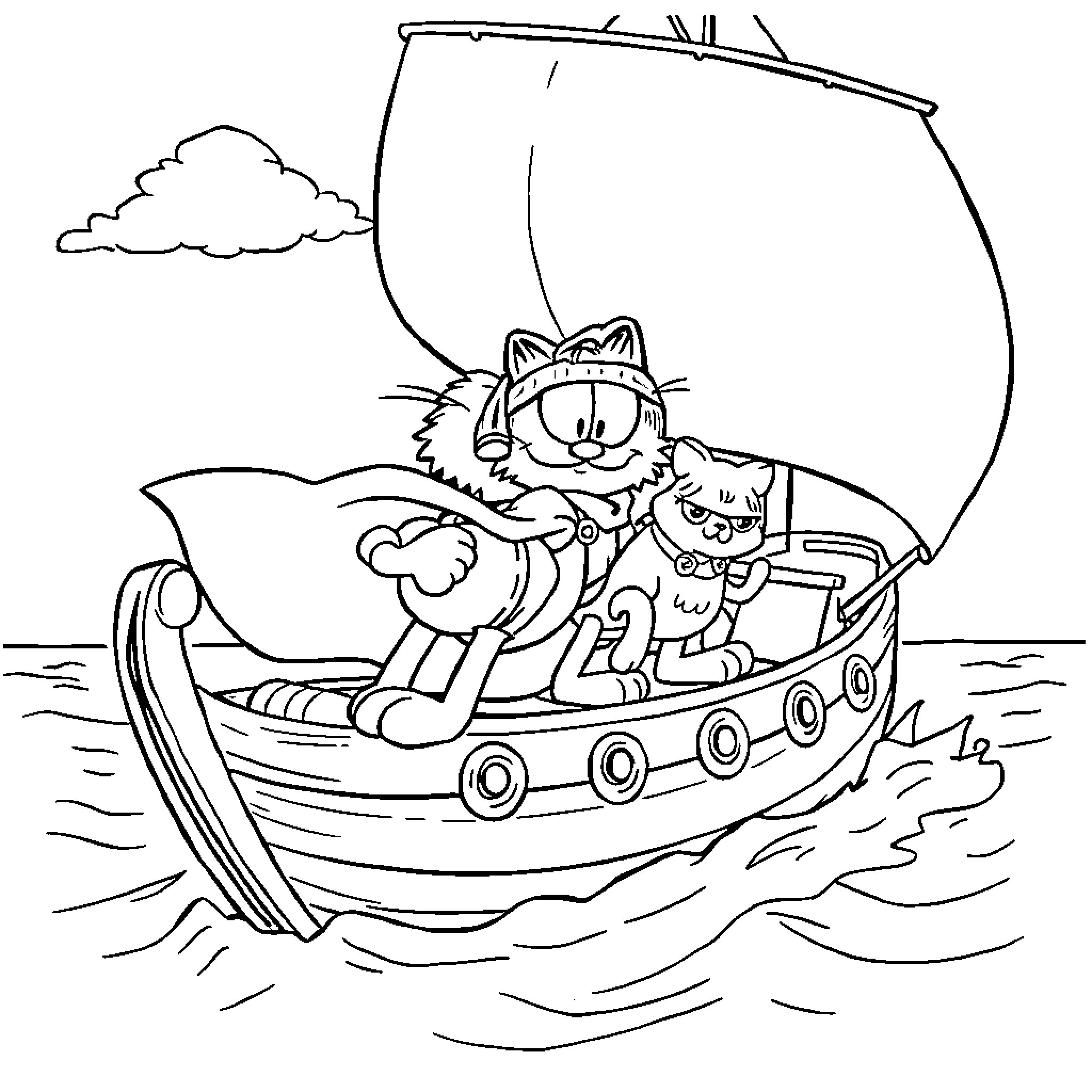 Garfield sailing on a boat with his pet Coloring Page (free black-and-white line drawing printable PDF for all, from beginners to advanced learners, including children, teens, adults, and seniors)
