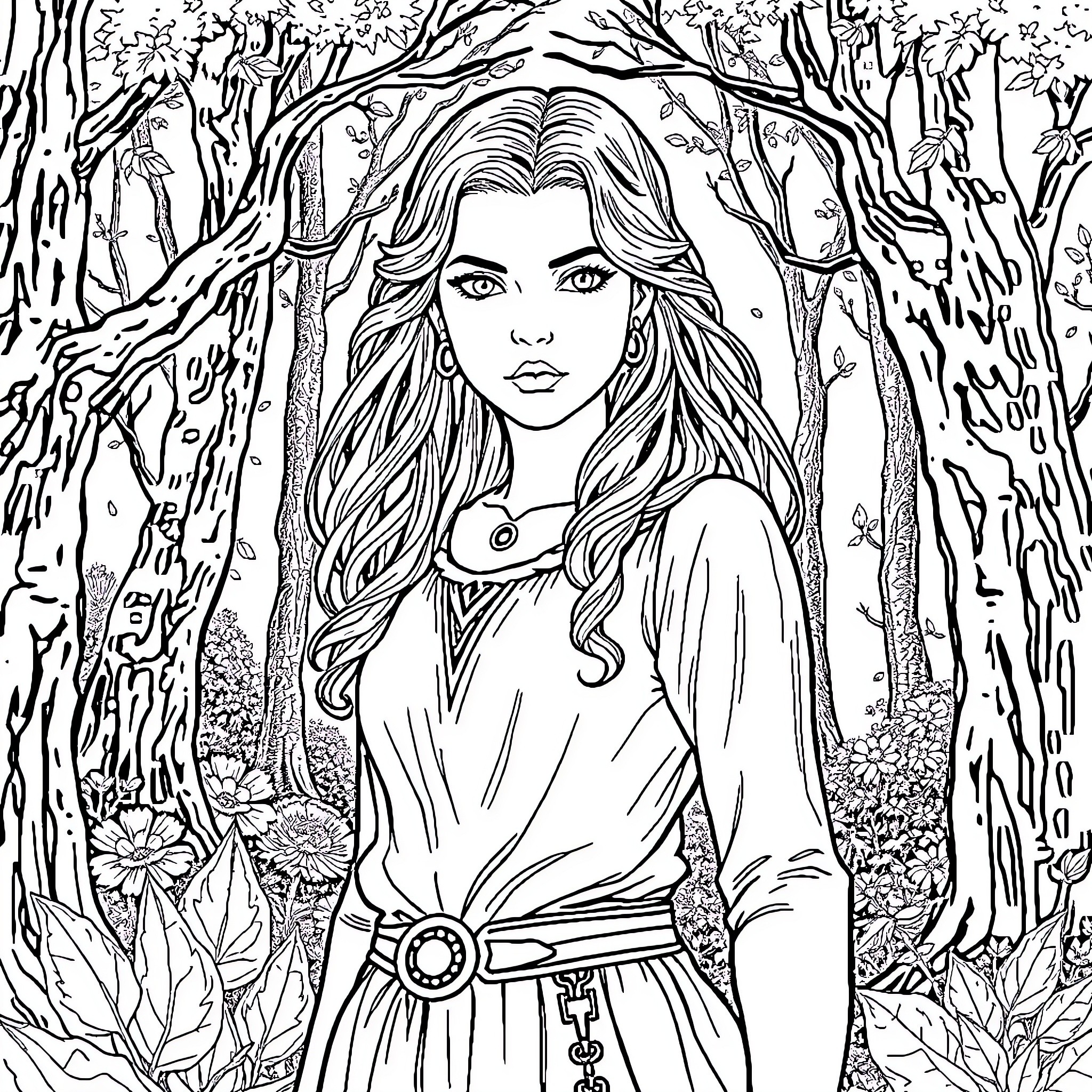 Hope Mikaelson in a serene forest setting Coloring Page (free black-and-white line drawing printable PDF for all, from beginners to advanced learners, including children, teens, adults, and seniors)
