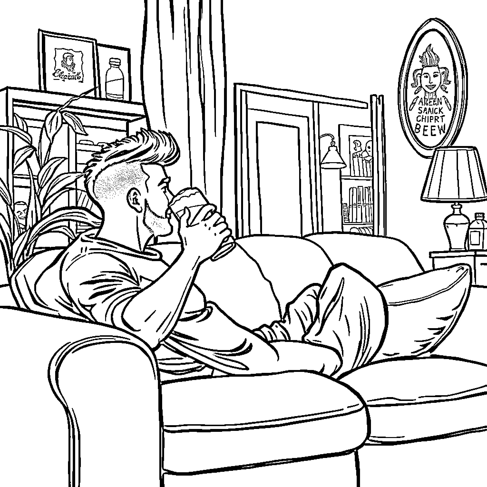 Man resting comfortably in his living room Coloring Page (free black-and-white line drawing printable PDF for all, from beginners to advanced learners, including children, teens, adults, and seniors)