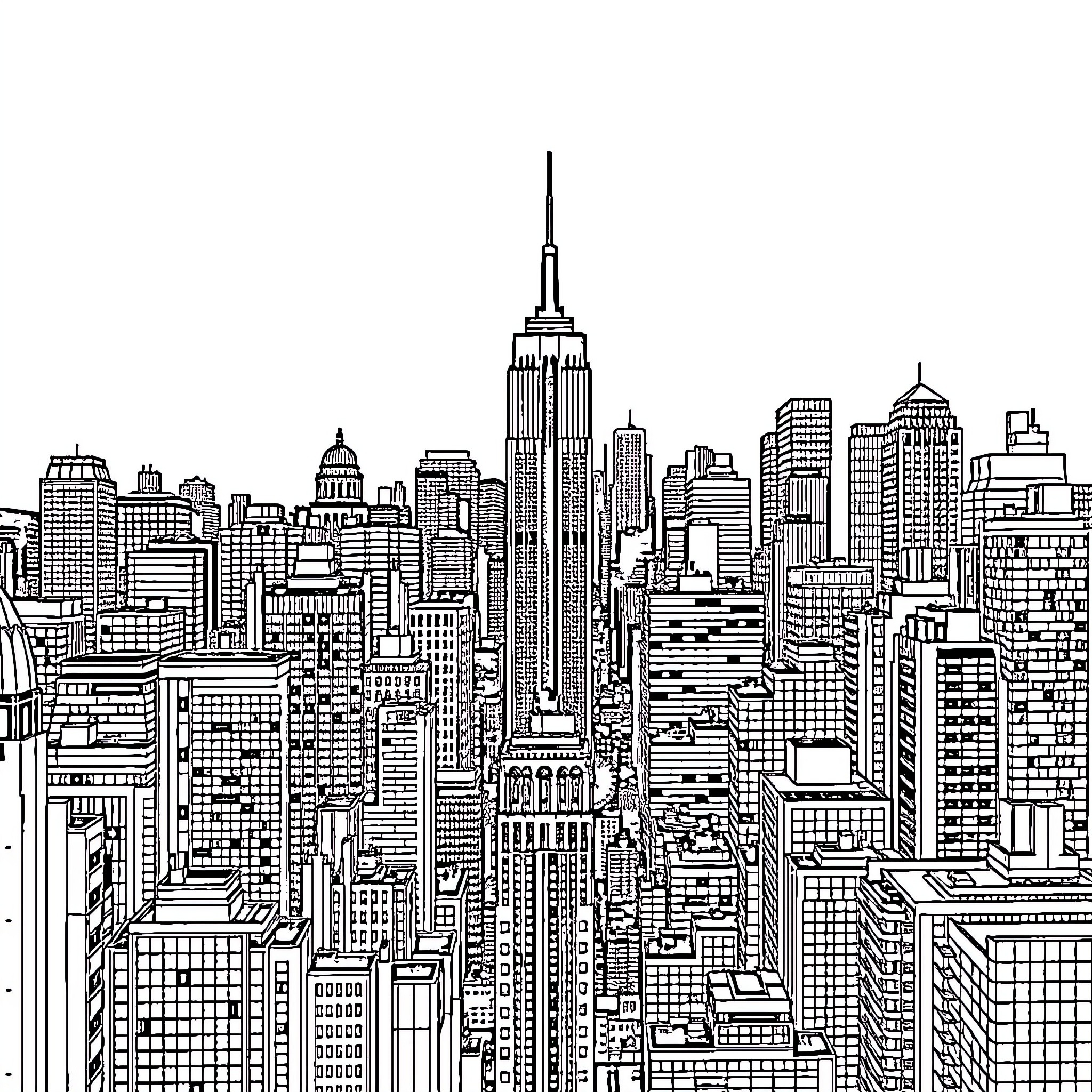 New York Skyline of Crowded Skyscrapers and Bustling City Coloring Page (free black-and-white line drawing printable PDF for all, from beginners to advanced learners, including children, teens, adults, and seniors)