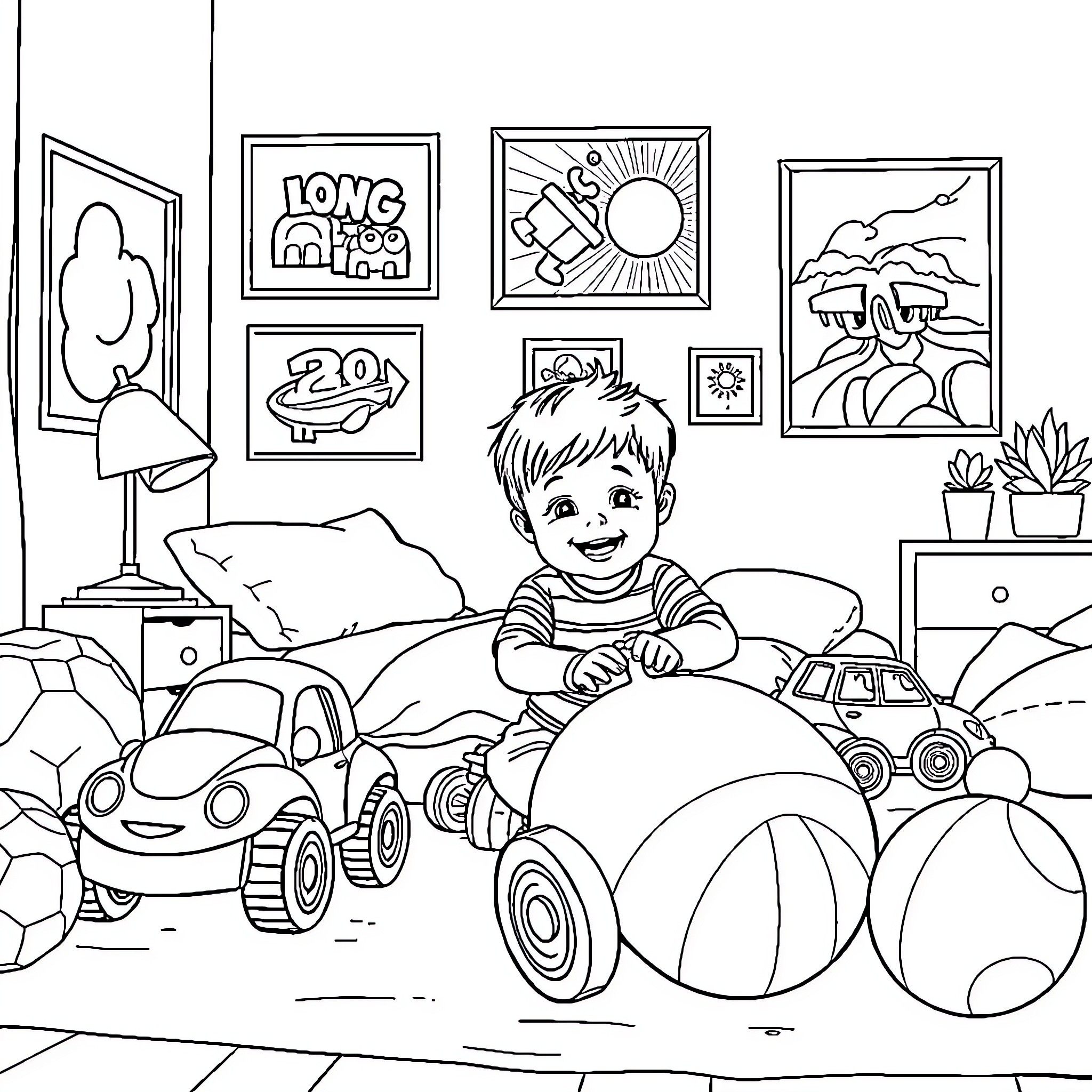 Boy playing joyfully with toys in his room Coloring Page (free black-and-white line drawing printable PDF for all, from beginners to advanced learners, including children, teens, adults, and seniors)
