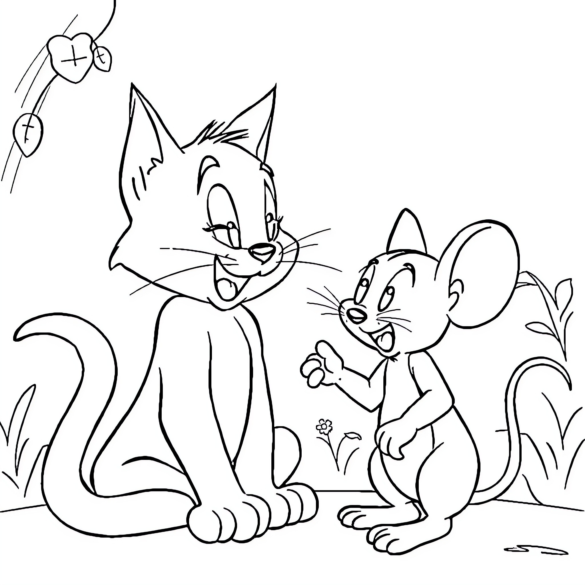 Tom and Jerry's Playful Adventure Coloring Page (free black-and-white line drawing printable PDF for all, from beginners to advanced learners, including children, teens, adults, and seniors)