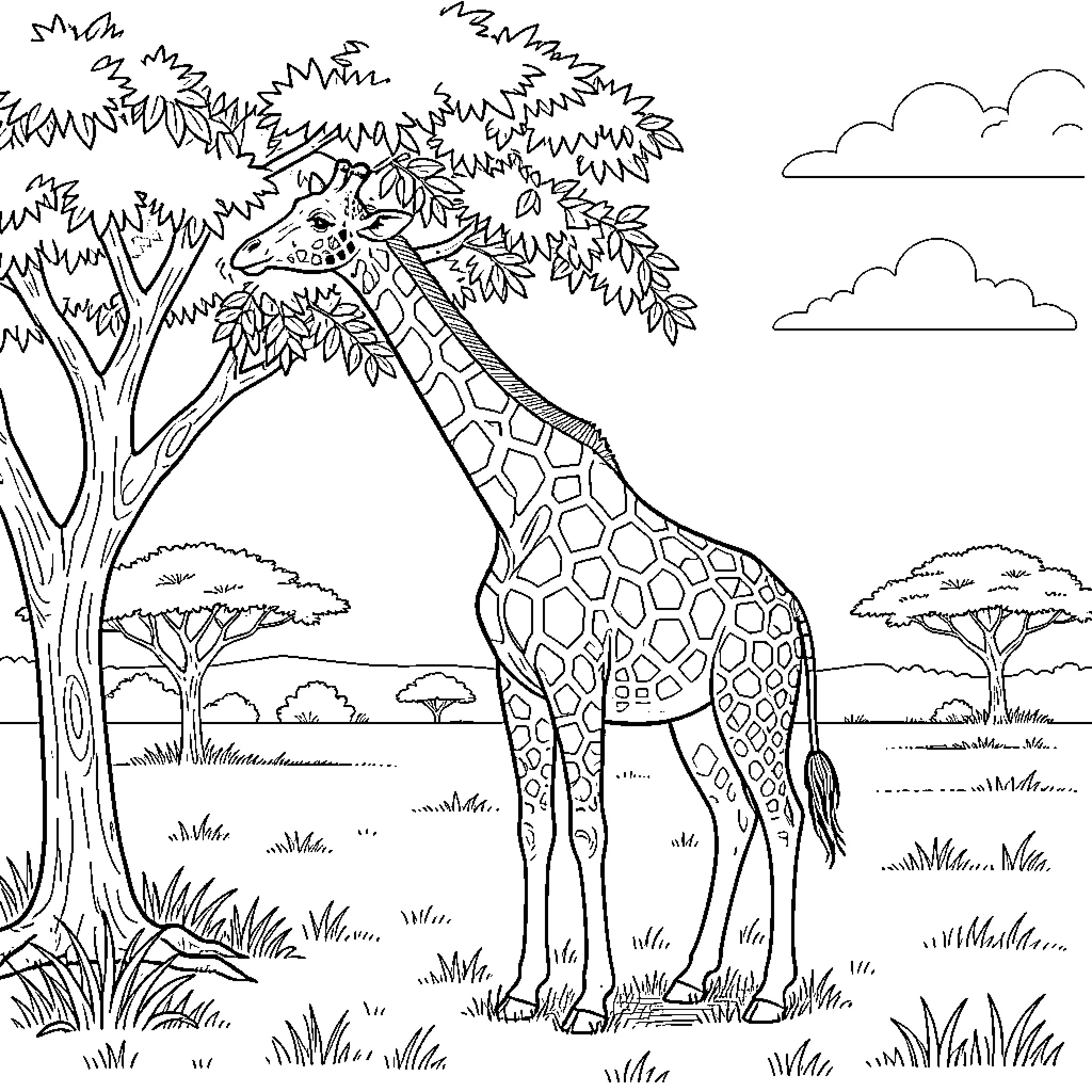 Giraffe eating leaves from a tall tree Coloring Page (free black-and-white line drawing printable PDF for all, from beginners to advanced learners, including children, teens, adults, and seniors)