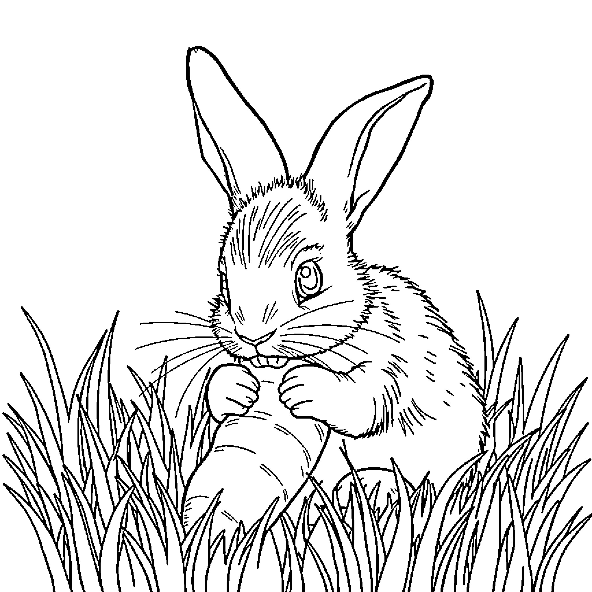 Rabbit hiding in tall grass Coloring Page (free black-and-white line drawing printable PDF for all, from beginners to advanced learners, including children, teens, adults, and seniors)