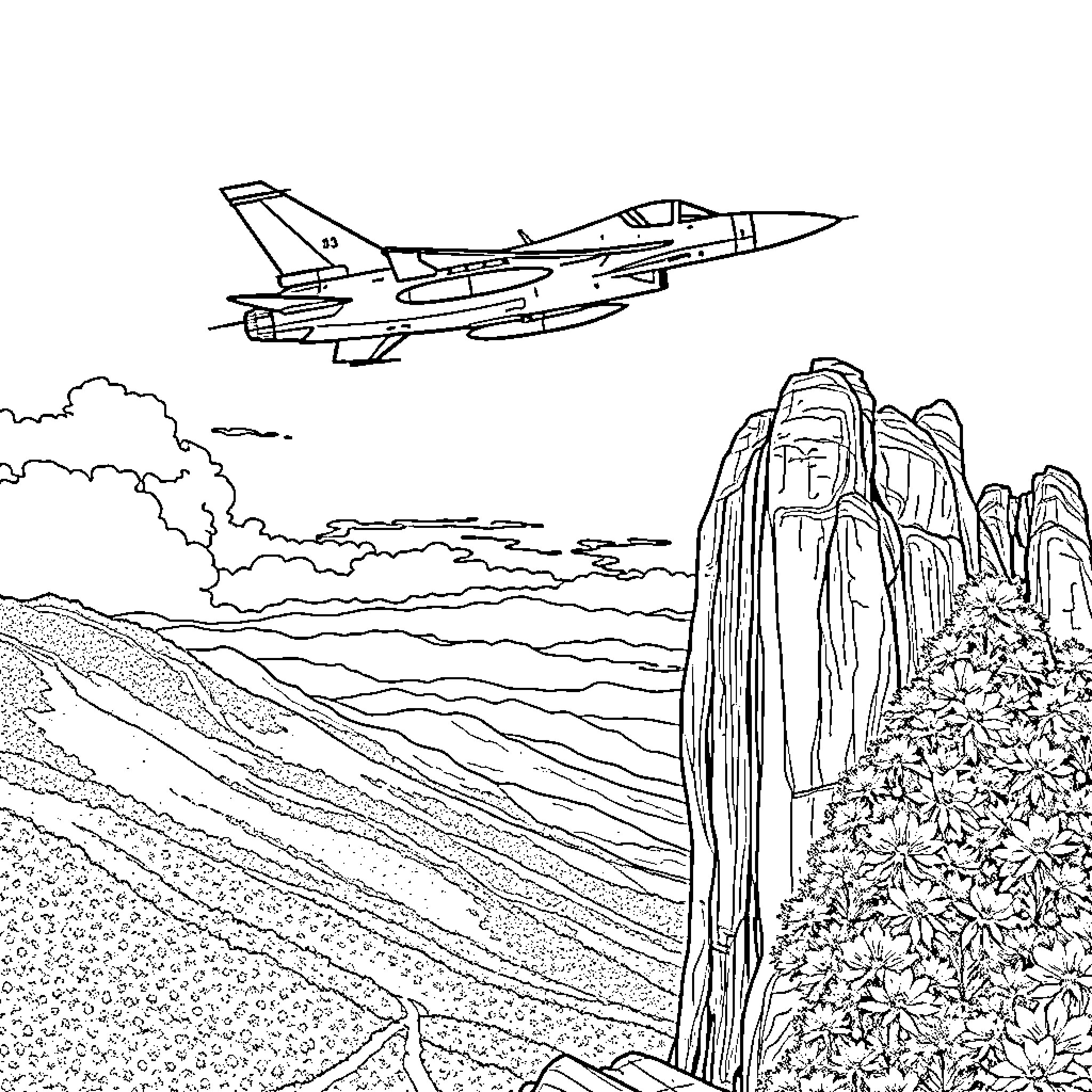 Mig 21 aircraft soaring through the sky over rugged terrain Coloring Page (free black-and-white line drawing printable PDF for all, from beginners to advanced learners, including children, teens, adults, and seniors)