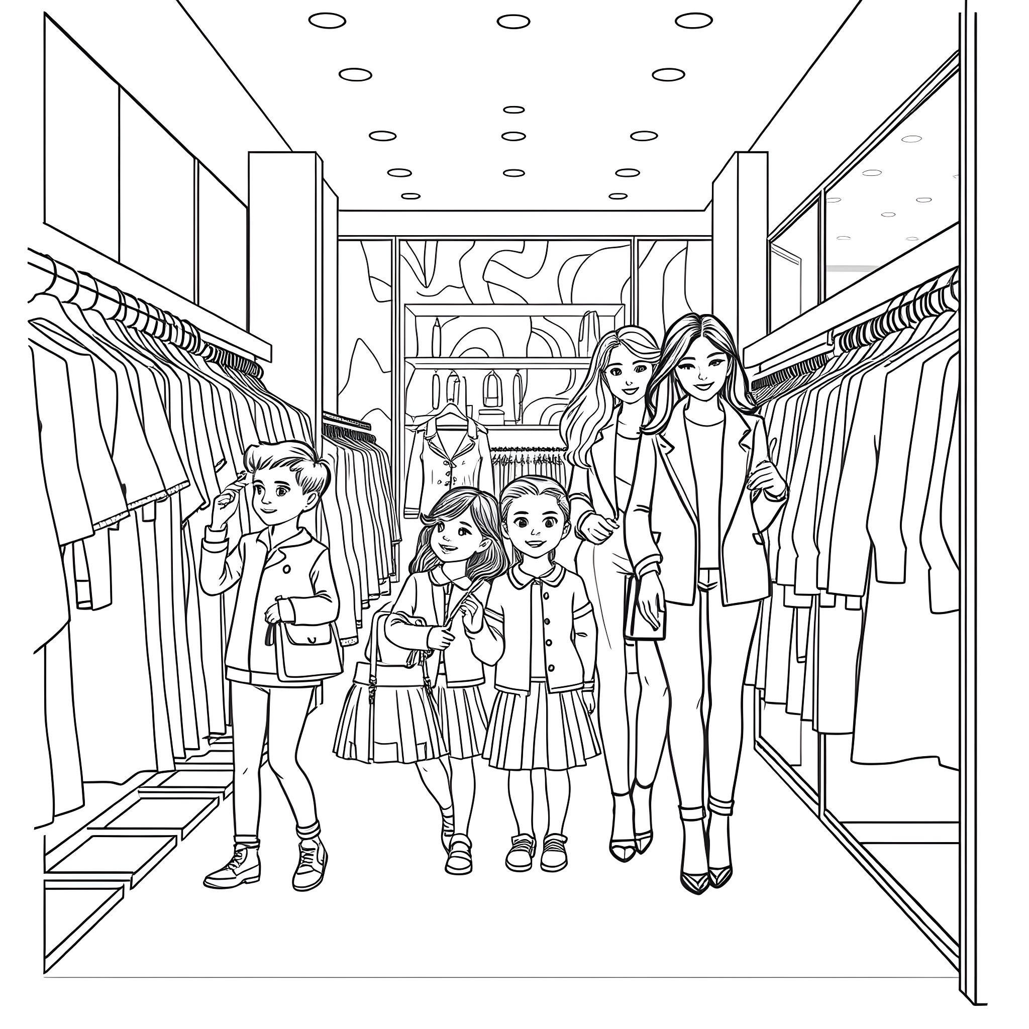 Family Shopping in a Clothing Store Coloring Page (free black-and-white line drawing printable PDF for all, from beginners to advanced learners, including children, teens, adults, and seniors)