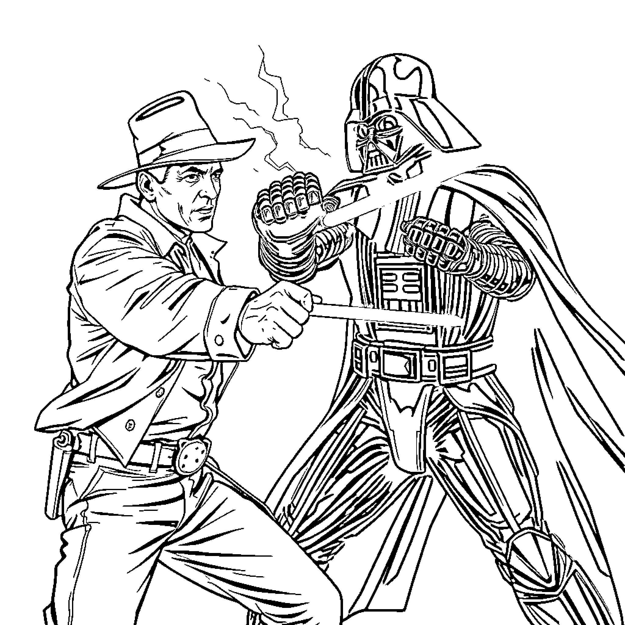 Indiana Jones Facing Off Against Darth Vader in Epic Confrontation Coloring Page (free black-and-white line drawing printable PDF for all, from beginners to advanced learners, including children, teens, adults, and seniors)