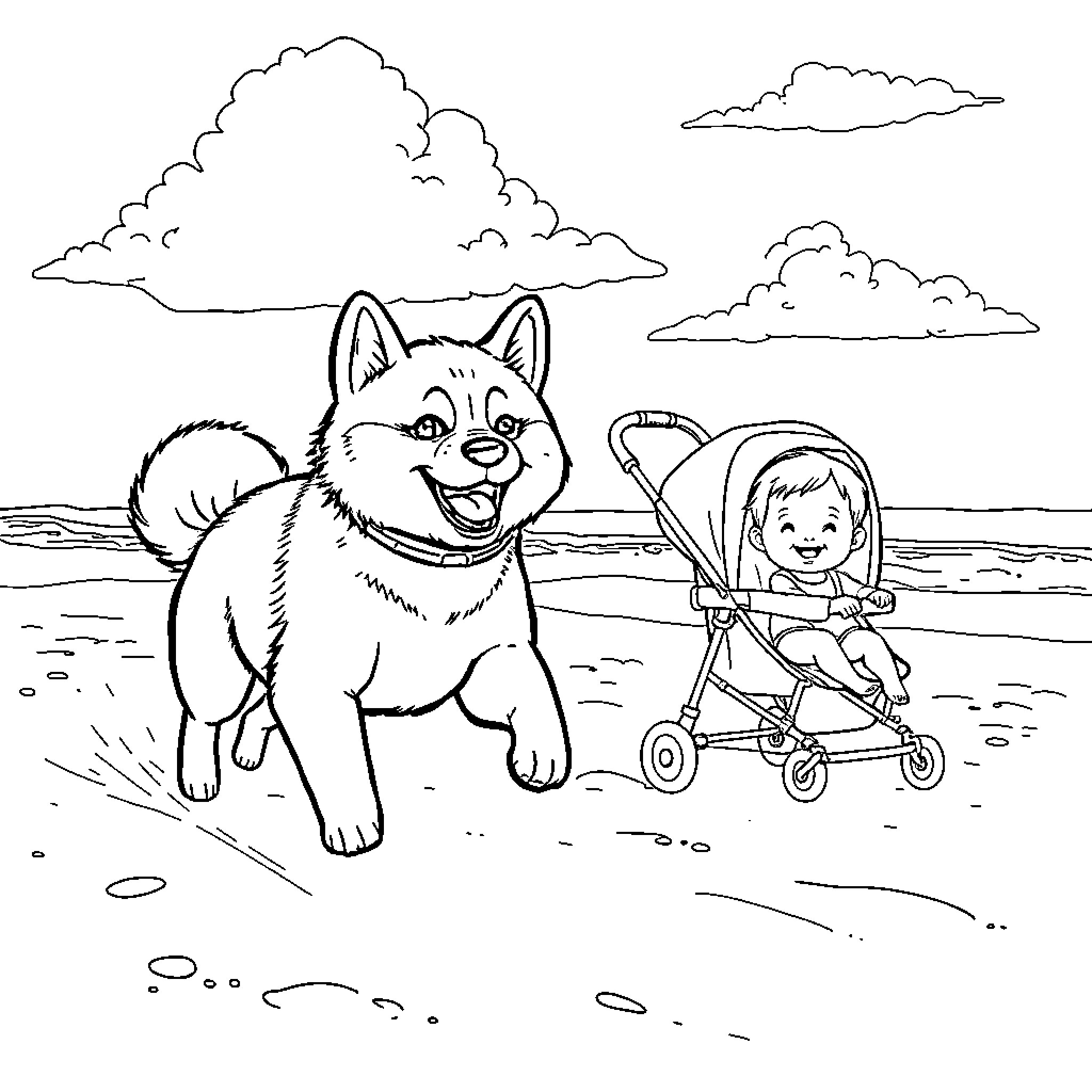 Shiba Inu and child in stroller enjoying the park Coloring Page (free black-and-white line drawing printable PDF for all, from beginners to advanced learners, including children, teens, adults, and seniors)