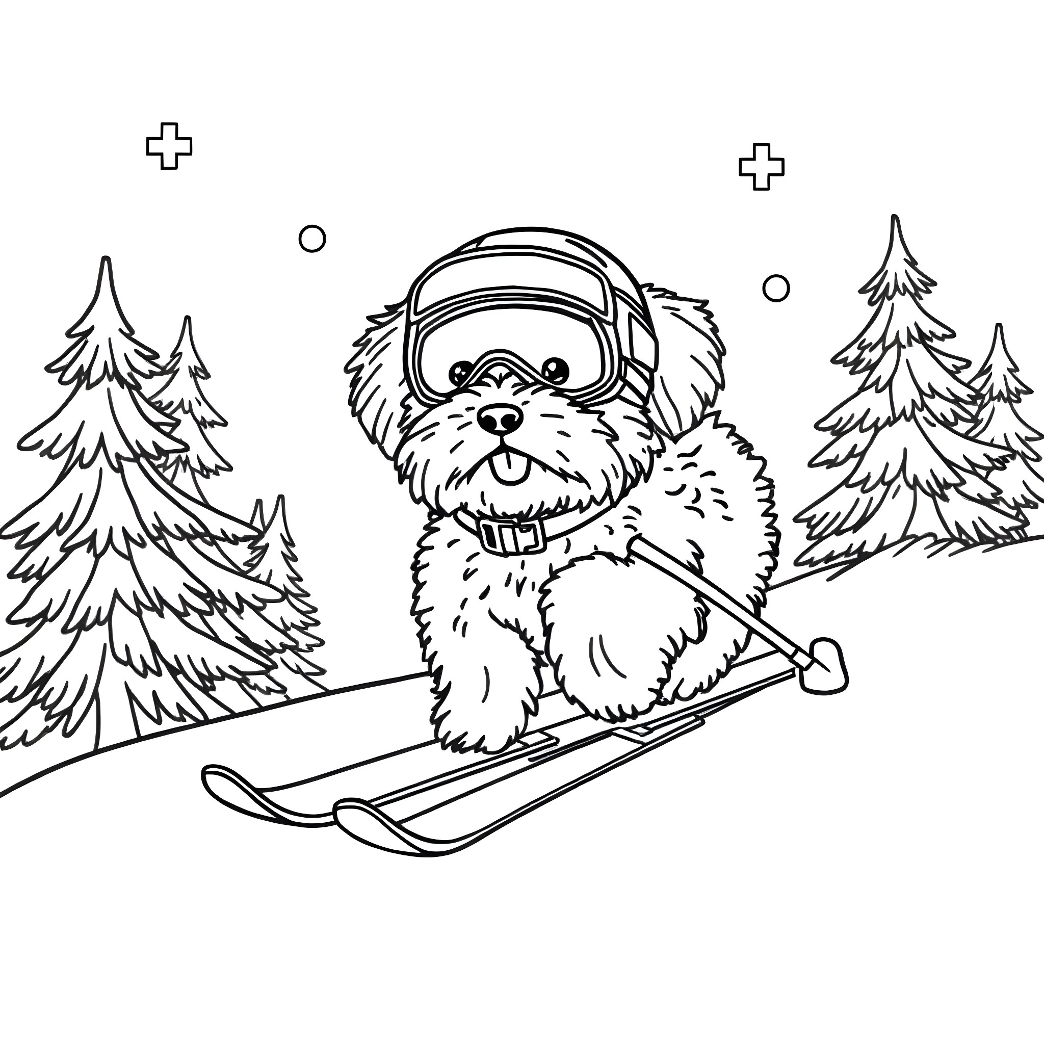 Bichon skiing happily in the snowy forest Coloring Page (free black-and-white line drawing printable PDF for all, from beginners to advanced learners, including children, teens, adults, and seniors)
