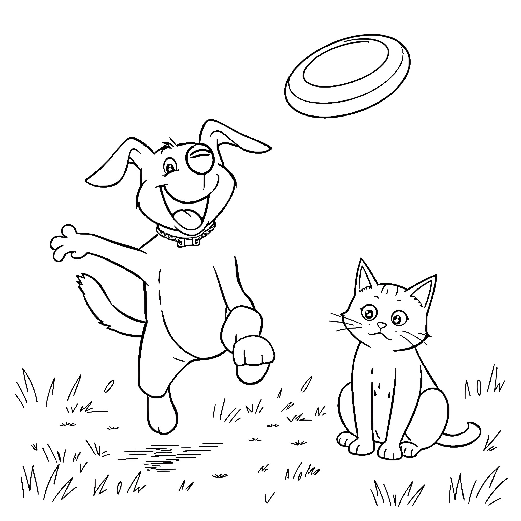 Dog playing with cat and frisbee in the yard Coloring Page (free black-and-white line drawing printable PDF for all, from beginners to advanced learners, including children, teens, adults, and seniors)