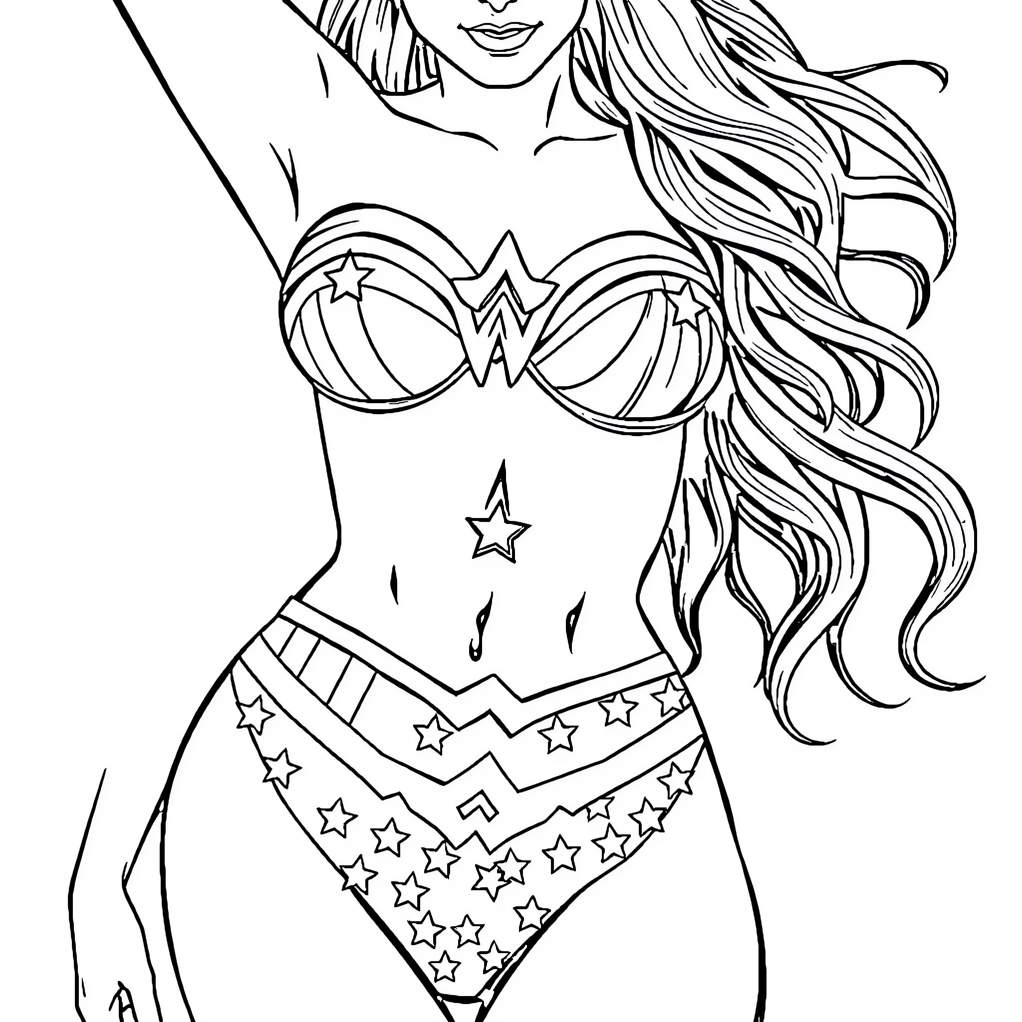 Wonder Woman in Heroic Stance with Costume Coloring Page (free black-and-white line drawing printable PDF for all, from beginners to advanced learners, including children, teens, adults, and seniors)