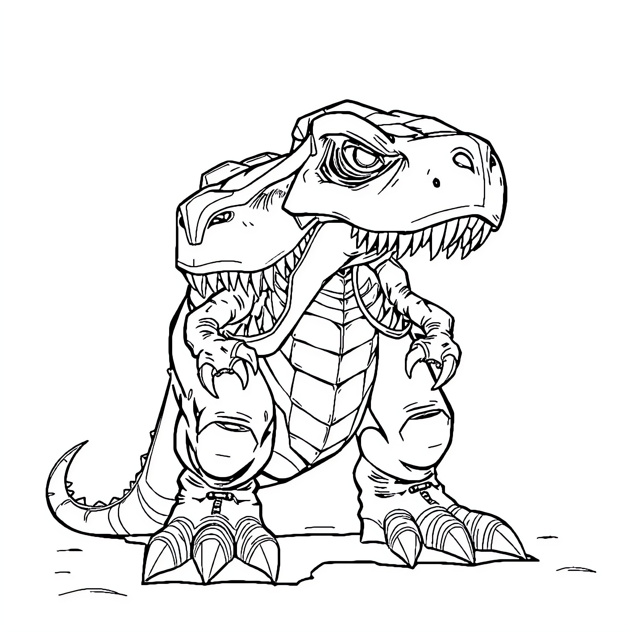 Goblin Dinosaur Roaring Fiercely on the Ground Coloring Page (free black-and-white line drawing printable PDF for all, from beginners to advanced learners, including children, teens, adults, and seniors)