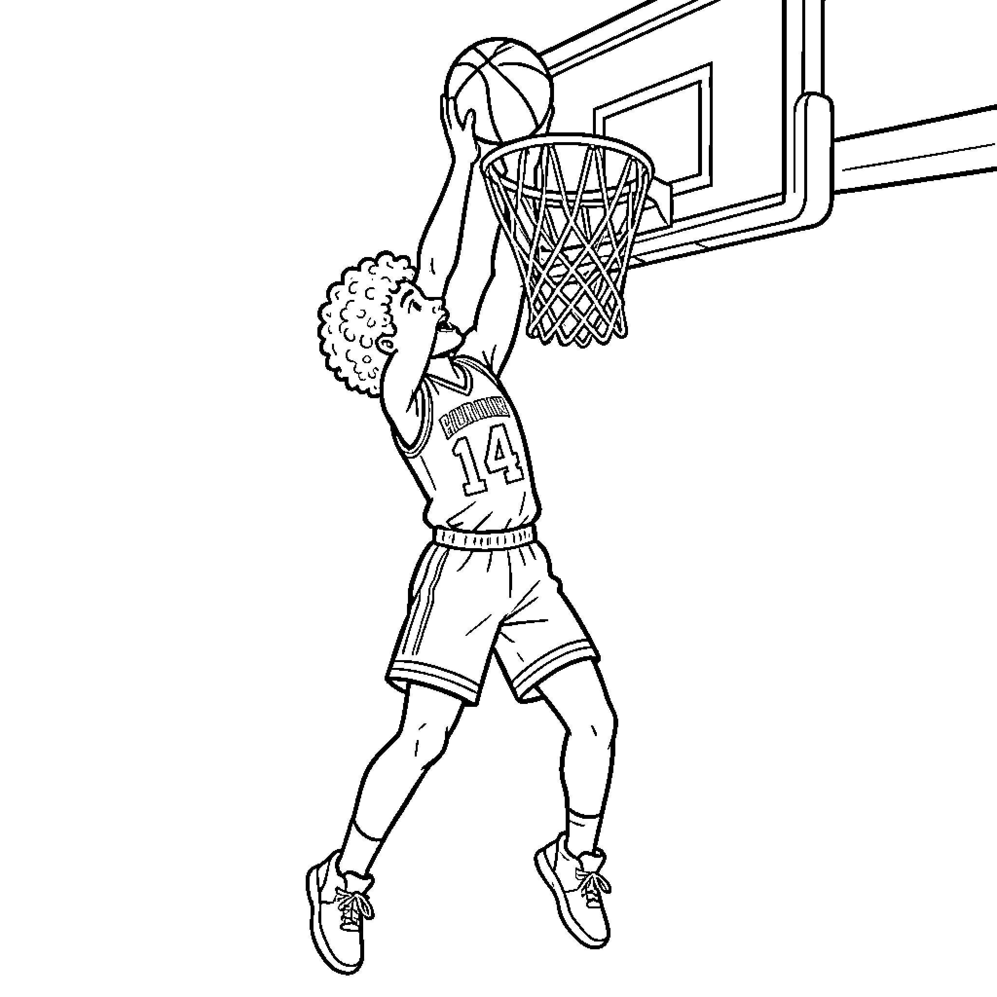 Basketball Player Dunking the Ball Coloring Page (free black-and-white line drawing printable PDF for all, from beginners to advanced learners, including children, teens, adults, and seniors)