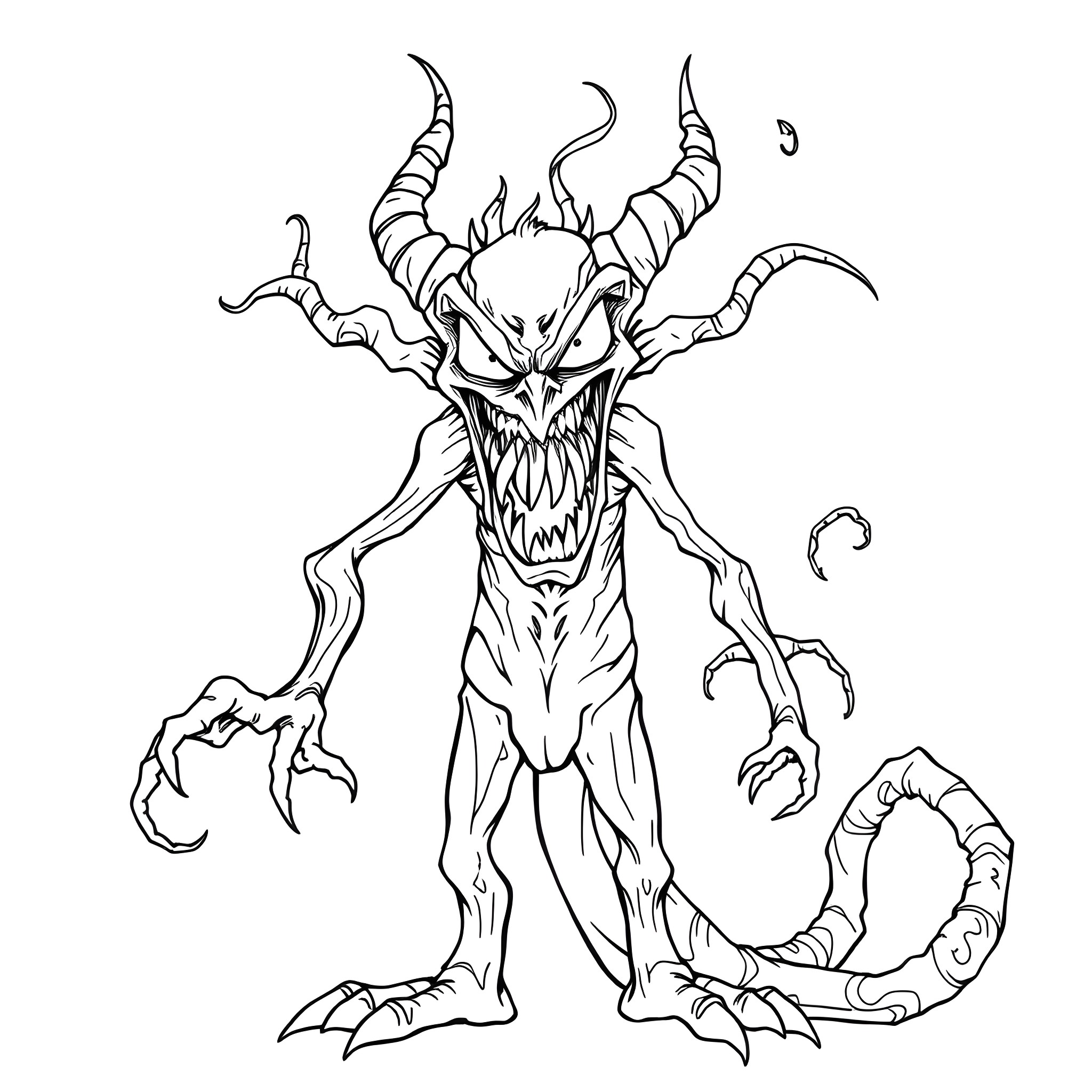 Bizarnage - Demonic creature with menacing claws and horns Coloring Page (free black-and-white line drawing printable PDF for all, from beginners to advanced learners, including children, teens, adults, and seniors)