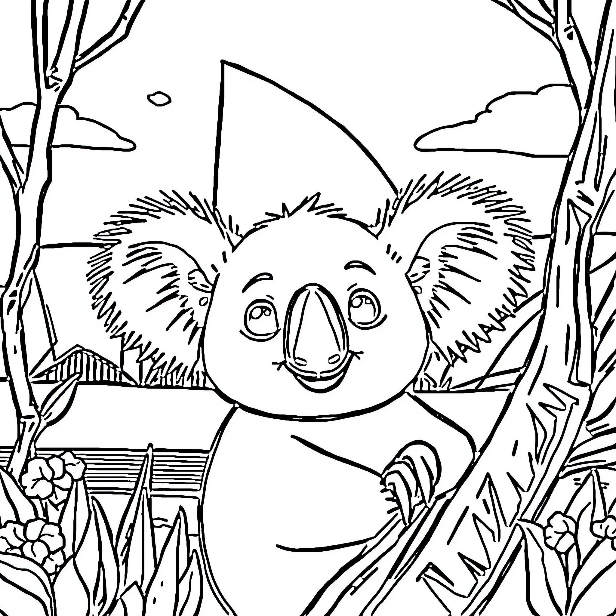 Koala exploring the lush forest environment Coloring Page (free black-and-white line drawing printable PDF for all, from beginners to advanced learners, including children, teens, adults, and seniors)