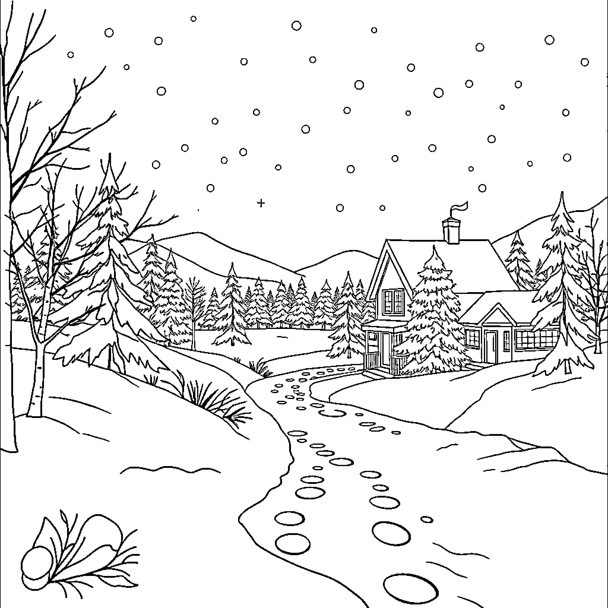 Christmas in a Cozy Winter Wonderland Coloring Page (free black-and-white line drawing printable PDF for all, from beginners to advanced learners, including children, teens, adults, and seniors)