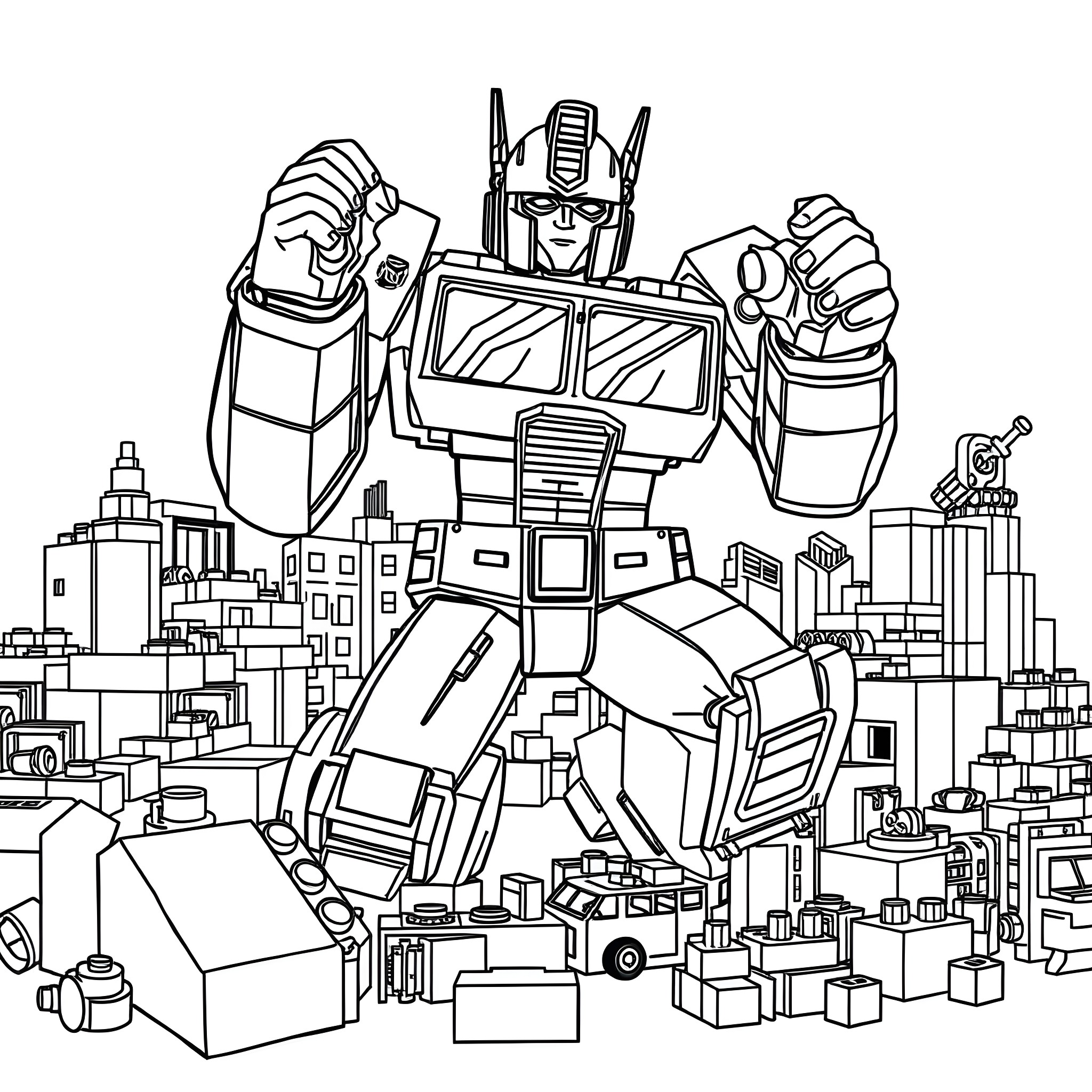 Optimus Prime leading the Autobots in an urban setting Coloring Page (free black-and-white line drawing printable PDF for all, from beginners to advanced learners, including children, teens, adults, and seniors)