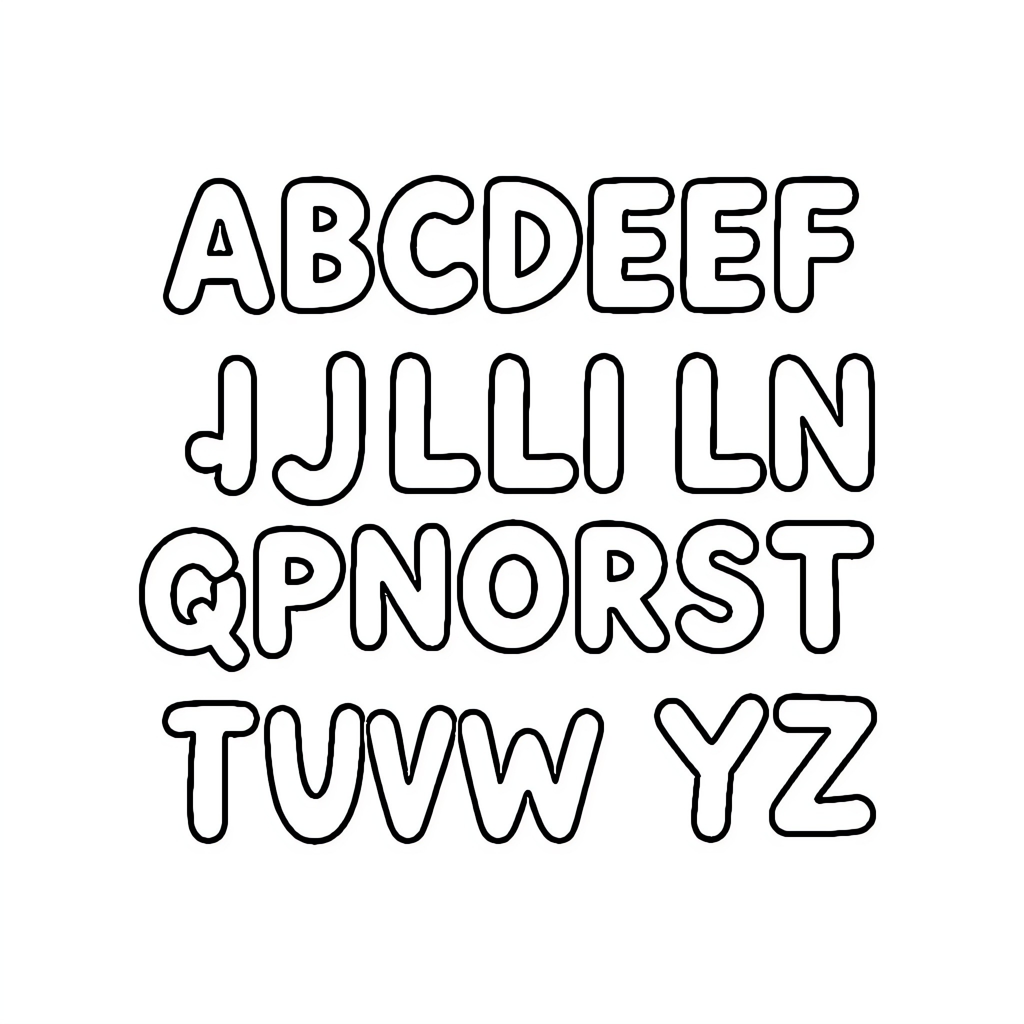Alphabet displayed in playful style Coloring Page (free black-and-white line drawing printable PDF for all, from beginners to advanced learners, including children, teens, adults, and seniors)