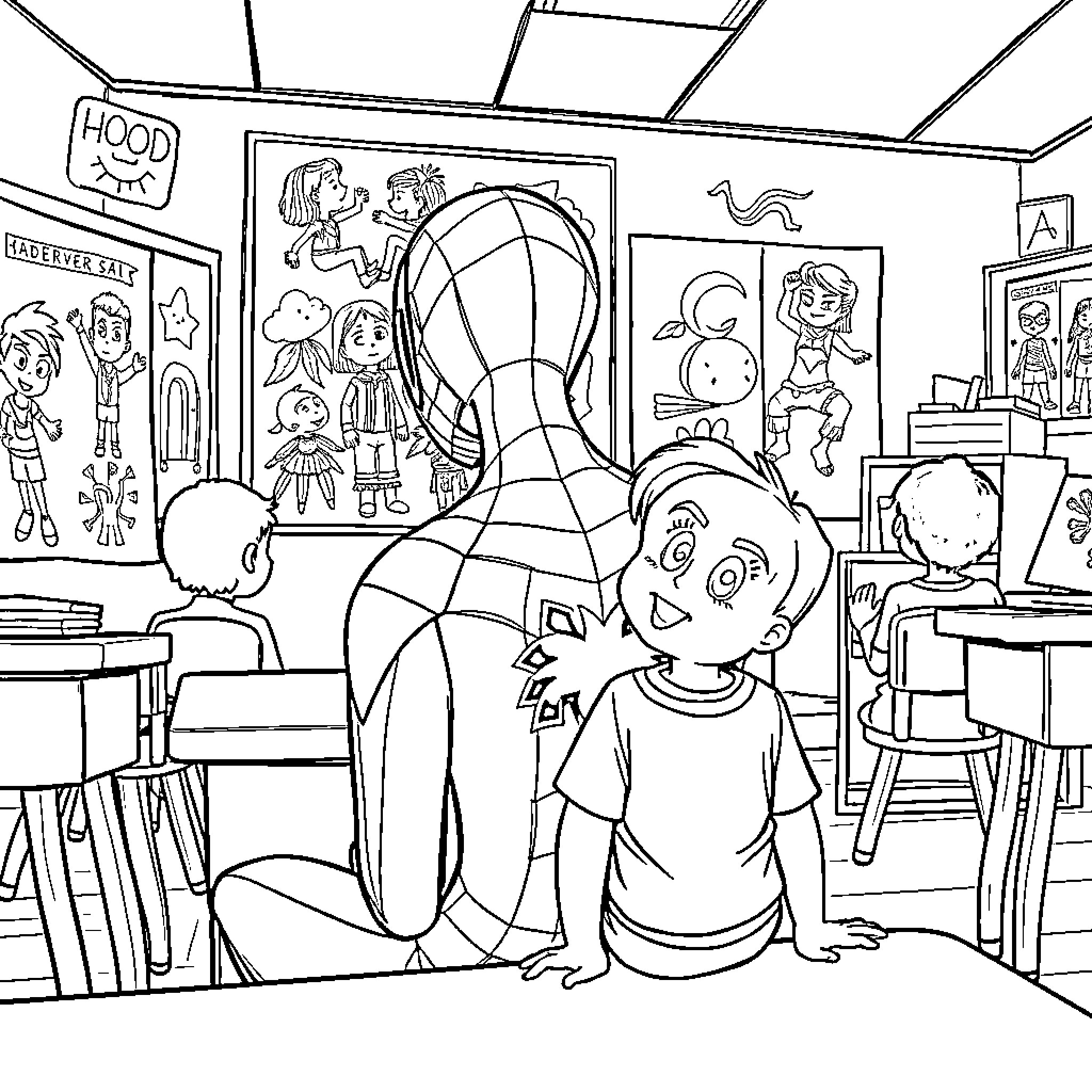 Spider-Man interacting with young boy in classroom setting Coloring Page (free black-and-white line drawing printable PDF for all, from beginners to advanced learners, including children, teens, adults, and seniors)
