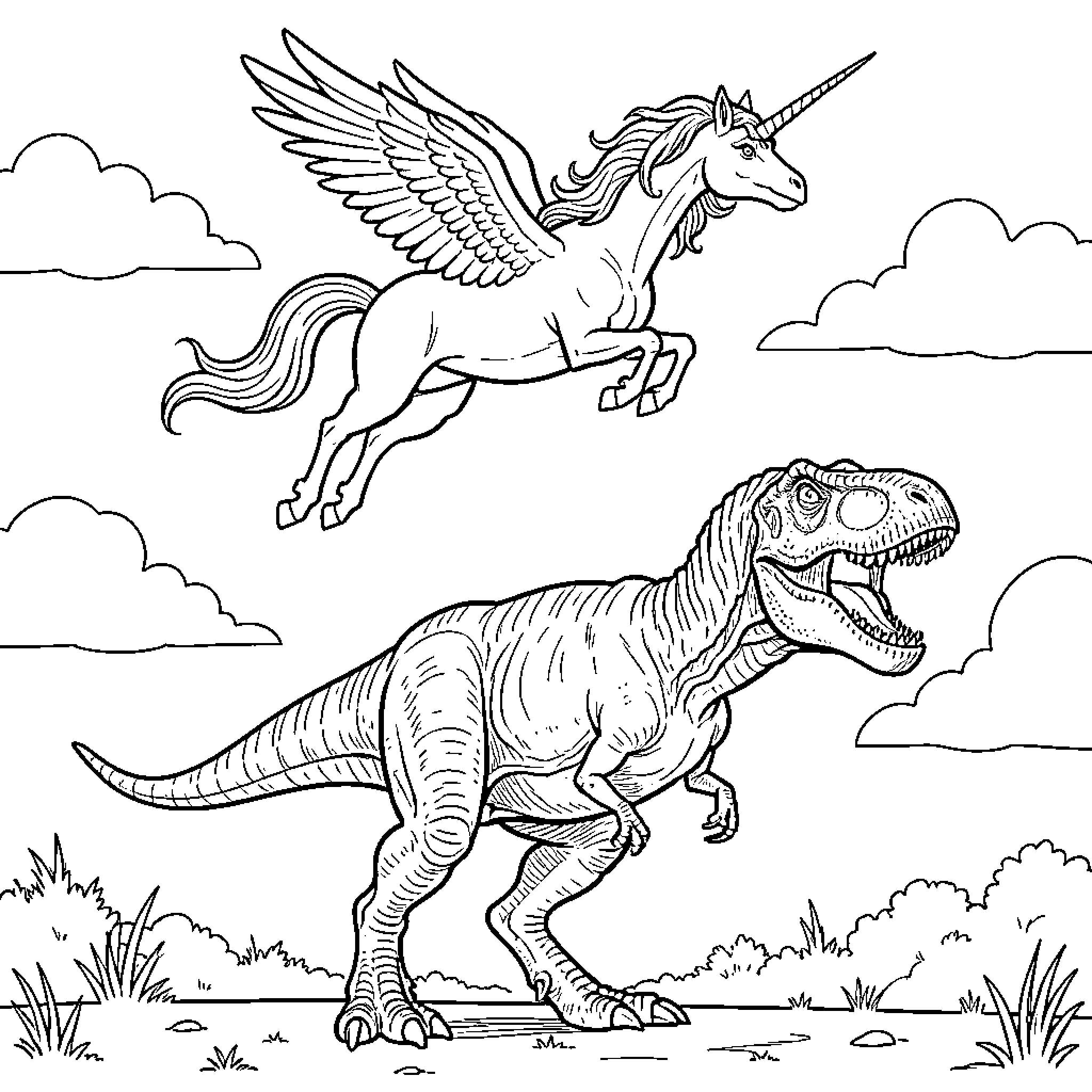 Unicorn flying through clouds above a roaring dinosaur Coloring Page (free black-and-white line drawing printable PDF for all, from beginners to advanced learners, including children, teens, adults, and seniors)