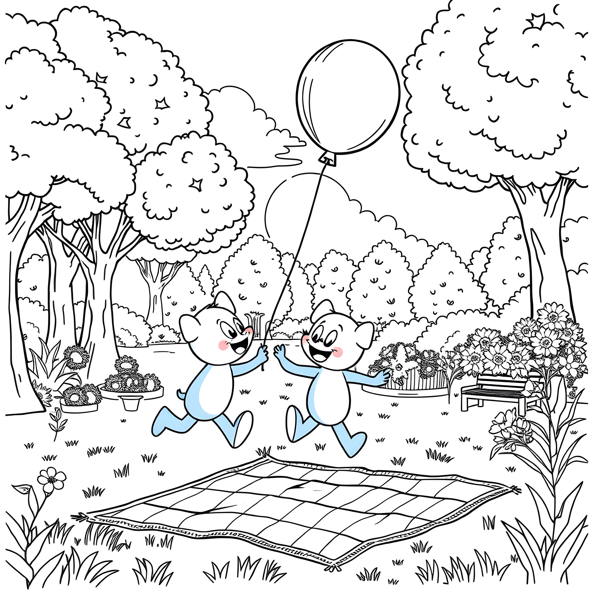 Bluey and Bingo playing with balloon in the park Coloring Page (free black-and-white line drawing printable PDF for all, from beginners to advanced learners, including children, teens, adults, and seniors)