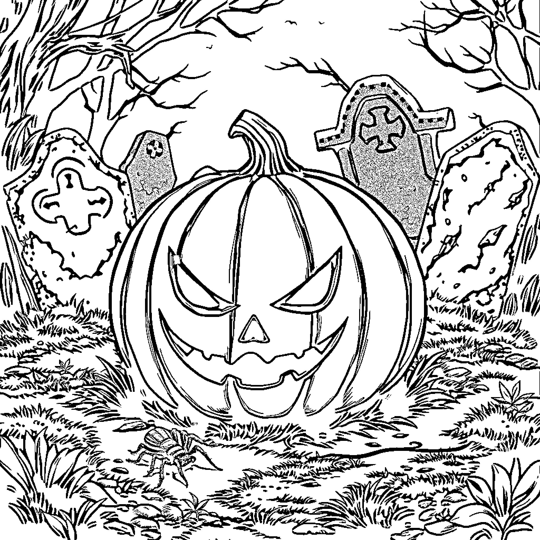 Pumpkin lantern in a spooky graveyard scene Coloring Page (free black-and-white line drawing printable PDF for all, from beginners to advanced learners, including children, teens, adults, and seniors)