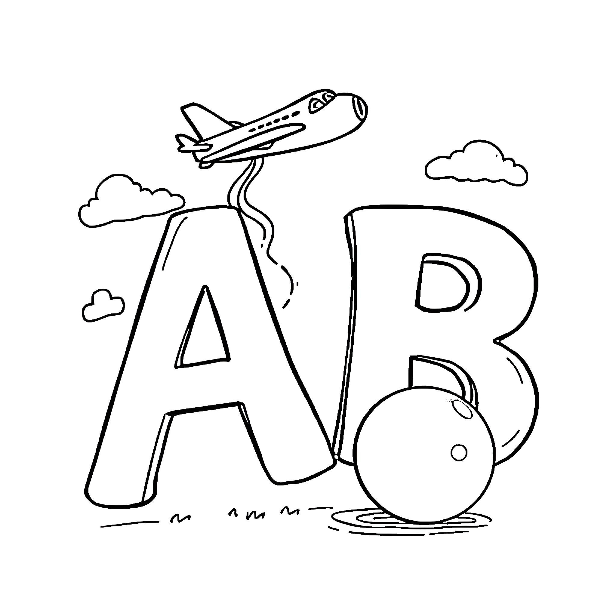 Airplane soaring above educational letters Coloring Page (free black-and-white line drawing printable PDF for all, from beginners to advanced learners, including children, teens, adults, and seniors)