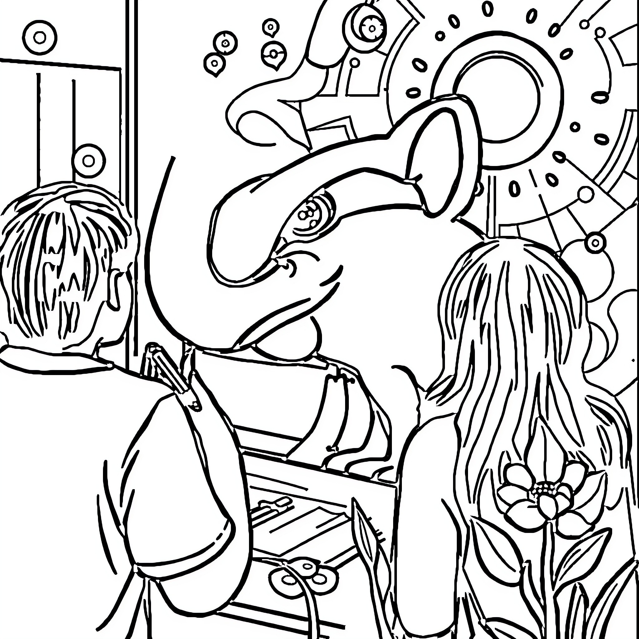 Drawing of whimsical and abstract figures in a surreal scene Coloring Page (free black-and-white line drawing printable PDF for all, from beginners to advanced learners, including children, teens, adults, and seniors)
