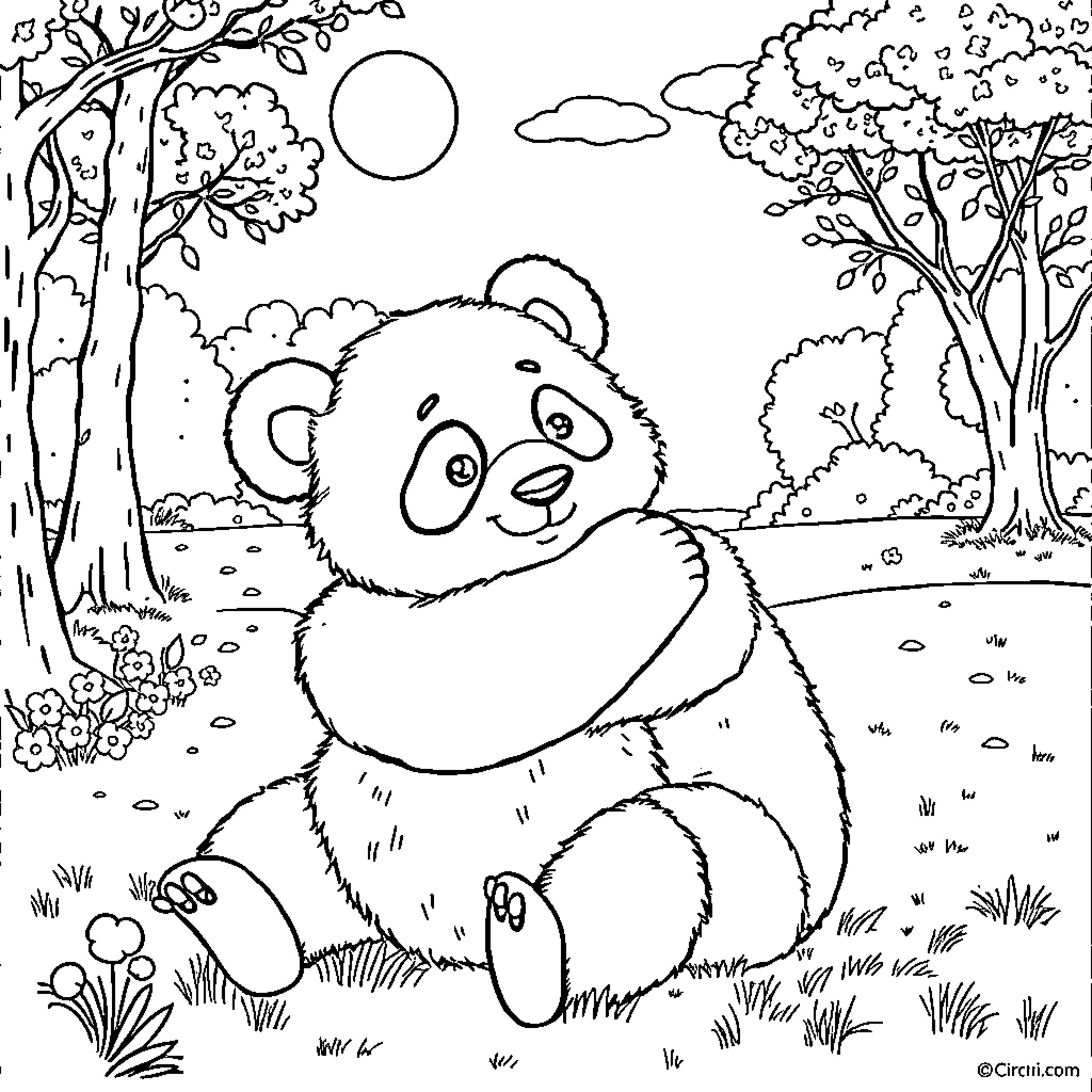 Cricri the Panda Exploring the Outdoors Coloring Page (free black-and-white line drawing printable PDF for all, from beginners to advanced learners, including children, teens, adults, and seniors)