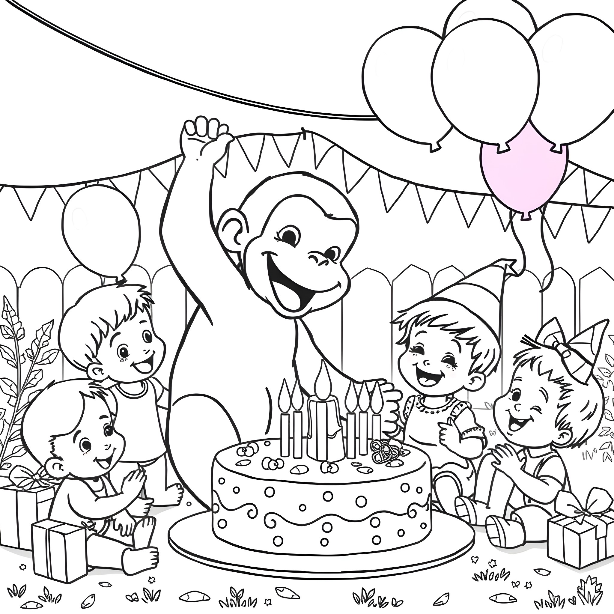 Curious George's Festive Birthday Celebration Coloring Page (free black-and-white line drawing printable PDF for all, from beginners to advanced learners, including children, teens, adults, and seniors)